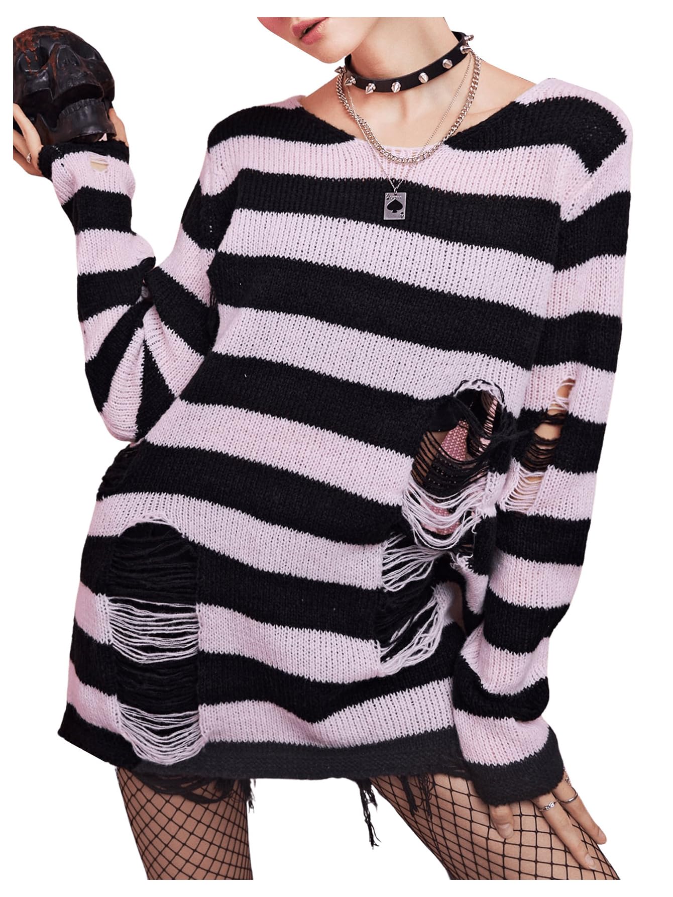 SweatyRocks Womens Ripped Hole Striped Sweaters Oversized Long Sleeve Pullover Knit Top