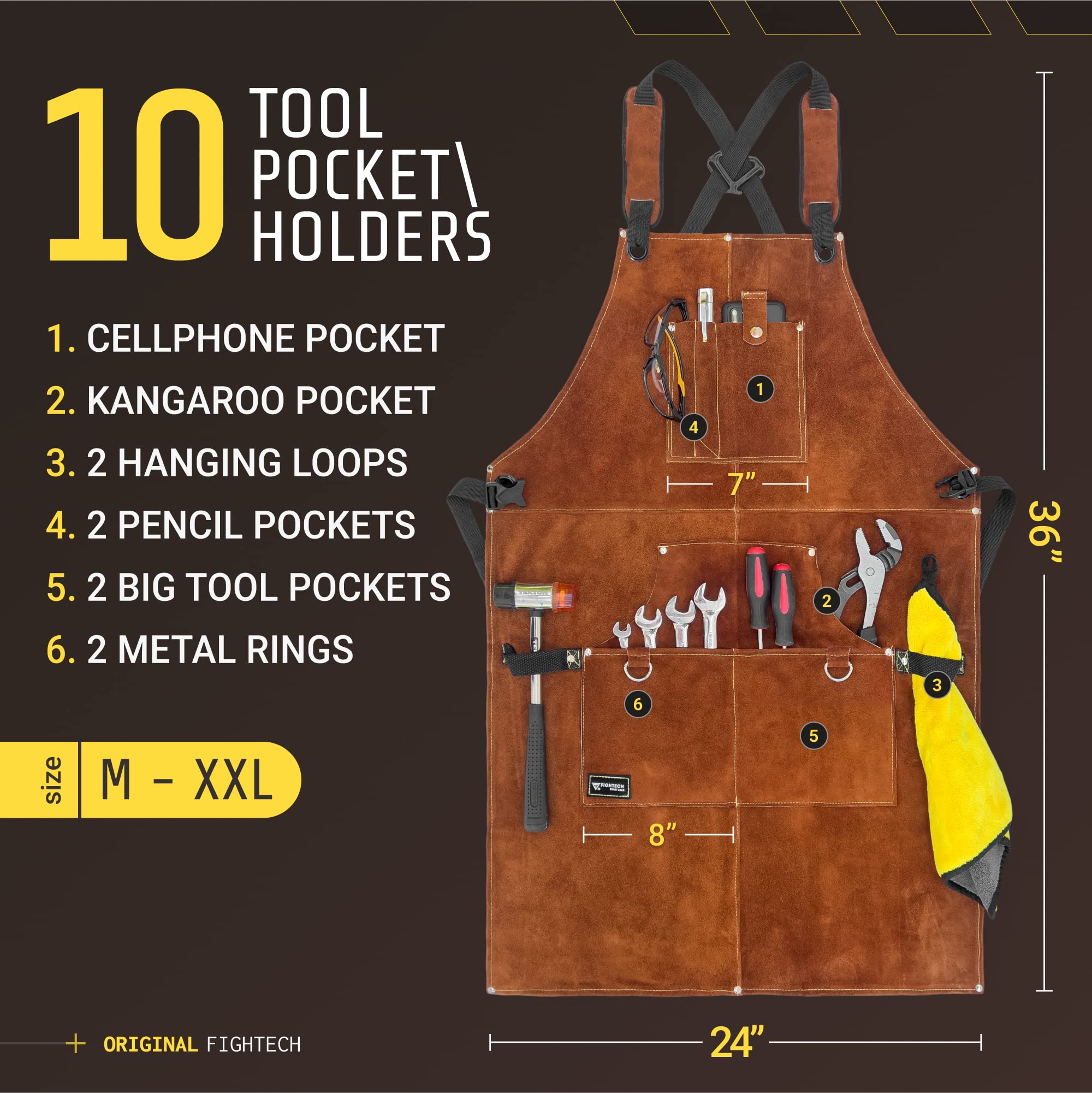 FIGHTECH Fenrir Leather Work Apron with Tool Pockets for Men Women | 36 x 24 | Welding Apron Ideal for Woodworkers, Blacksmiths.