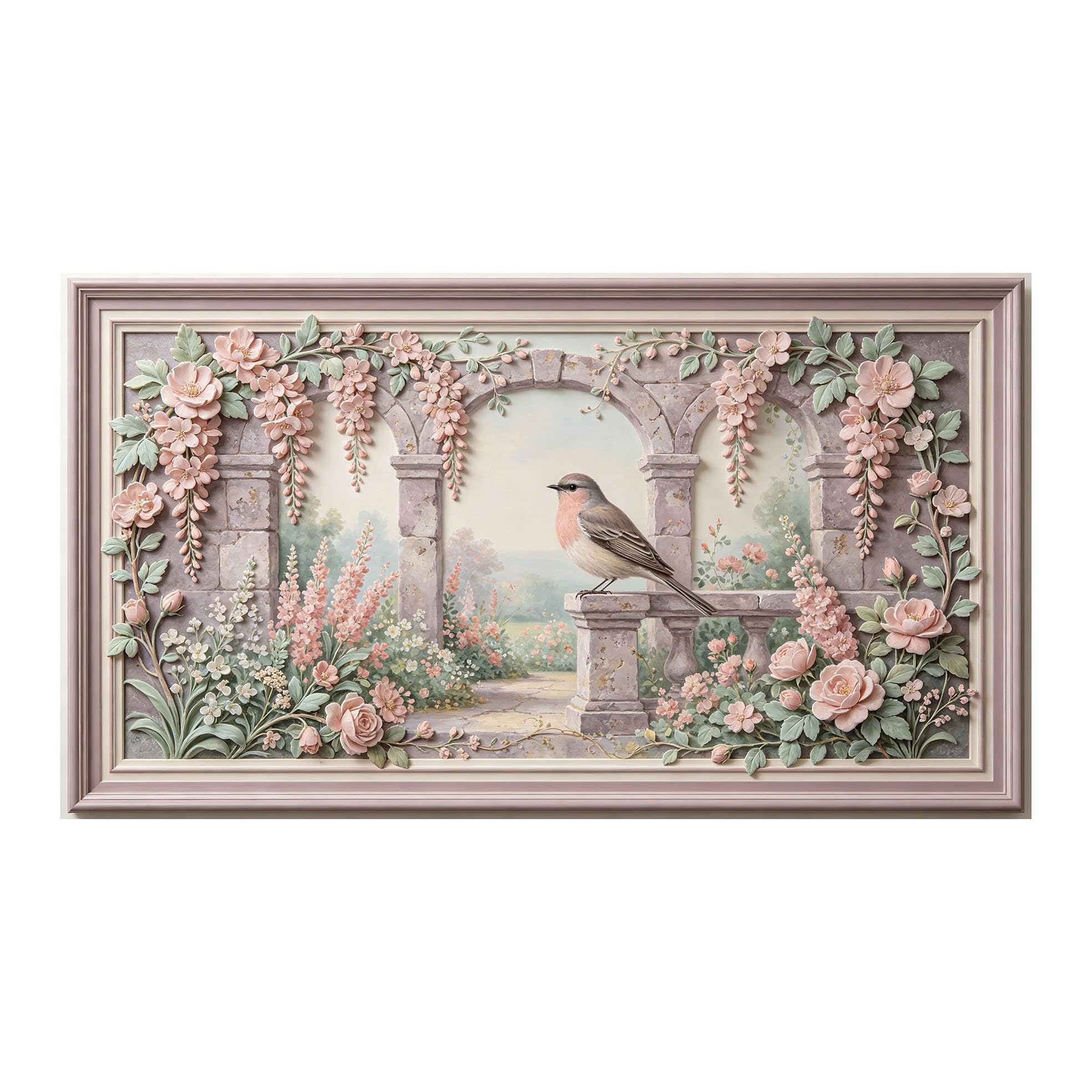 Yzpallescene 3D 3D Framed Wall Art 50cm×90cm Provence Garden Bird Floral Neoclassical Relief Effect Large Size SelfAdhesive Removable Wall Decor Prints Artwork for Living Room Bedroom Office