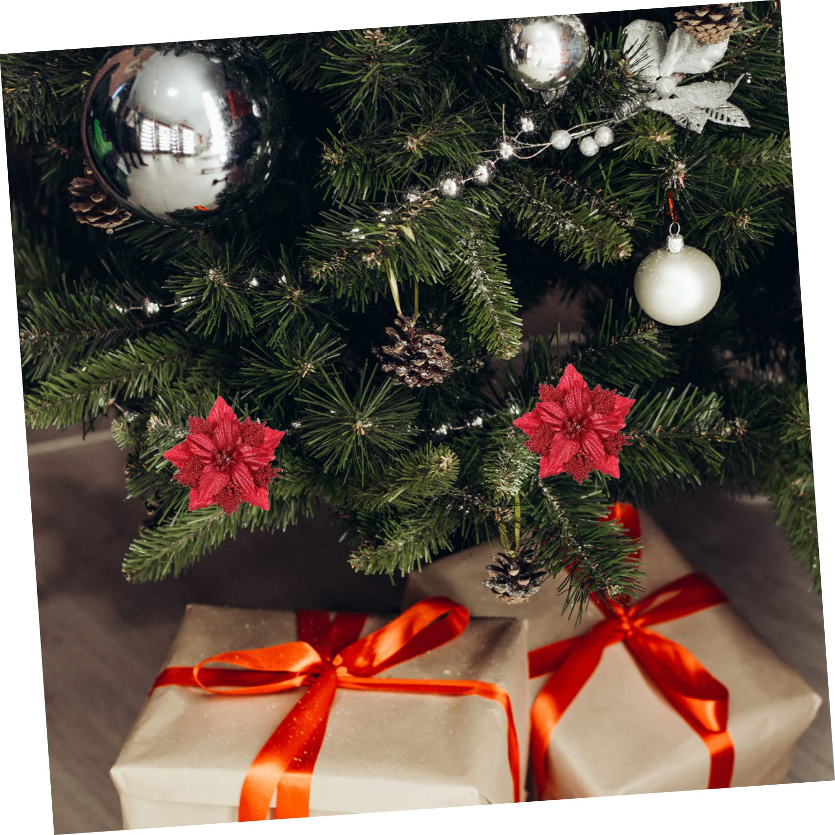 OUNONA 24piezas Flores Artificiales para Decoración De Árbol De Navidad Adornos De Poinsettia Rojos para Fiestas y Celebraciones Accesorios Festivos para Crear Un Navideño Alegre