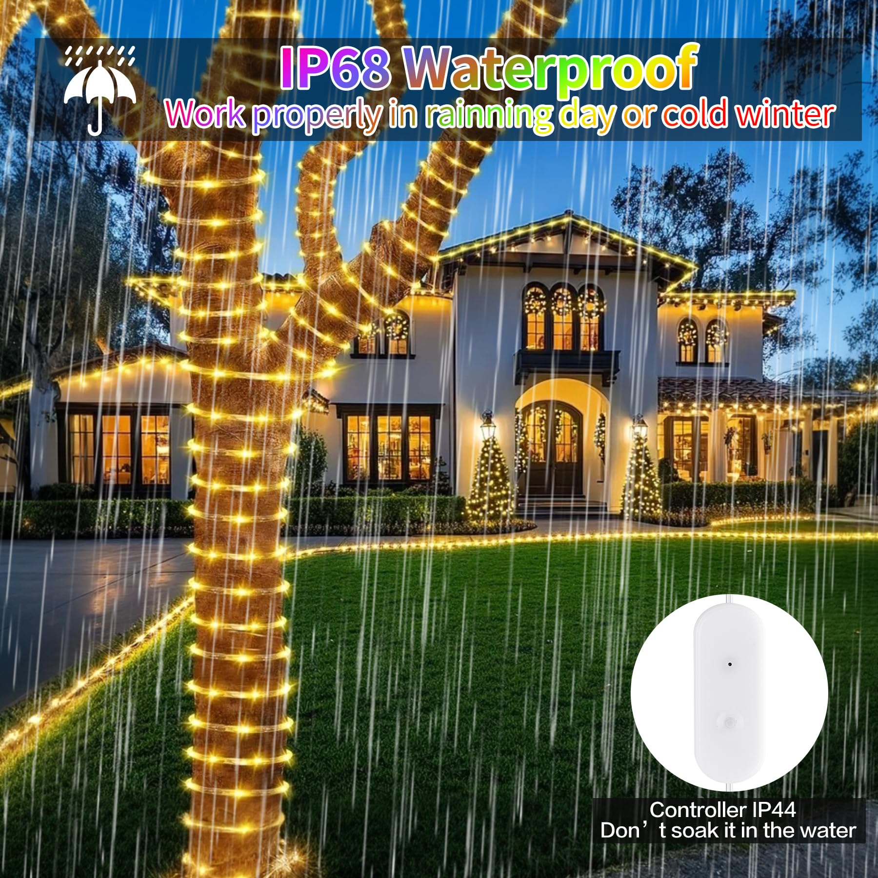 Guirnalda de luces para exteriores que cambian de color, 49 pies, 150 LED, impermeable, con control remoto y aplicación, sincronización de música, iluminación navideña para exteriores
