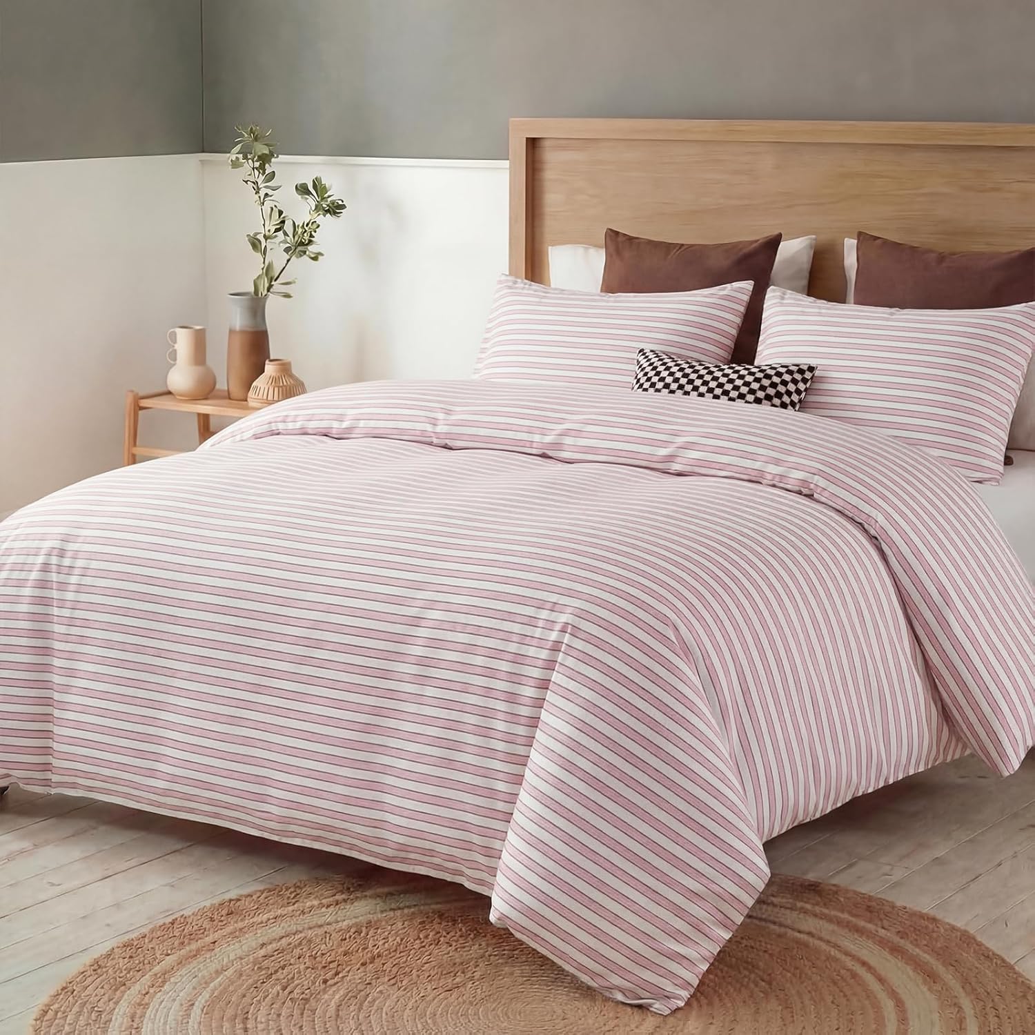 Bedbay Cotton Striped Duvet Cover Set Queen Size, Soft Blush Pink Stripe Bedding Set, 100% Cotton Sateen, Minimal Casual Hotel Style Duvet Cover 3 Piece for All Seasons