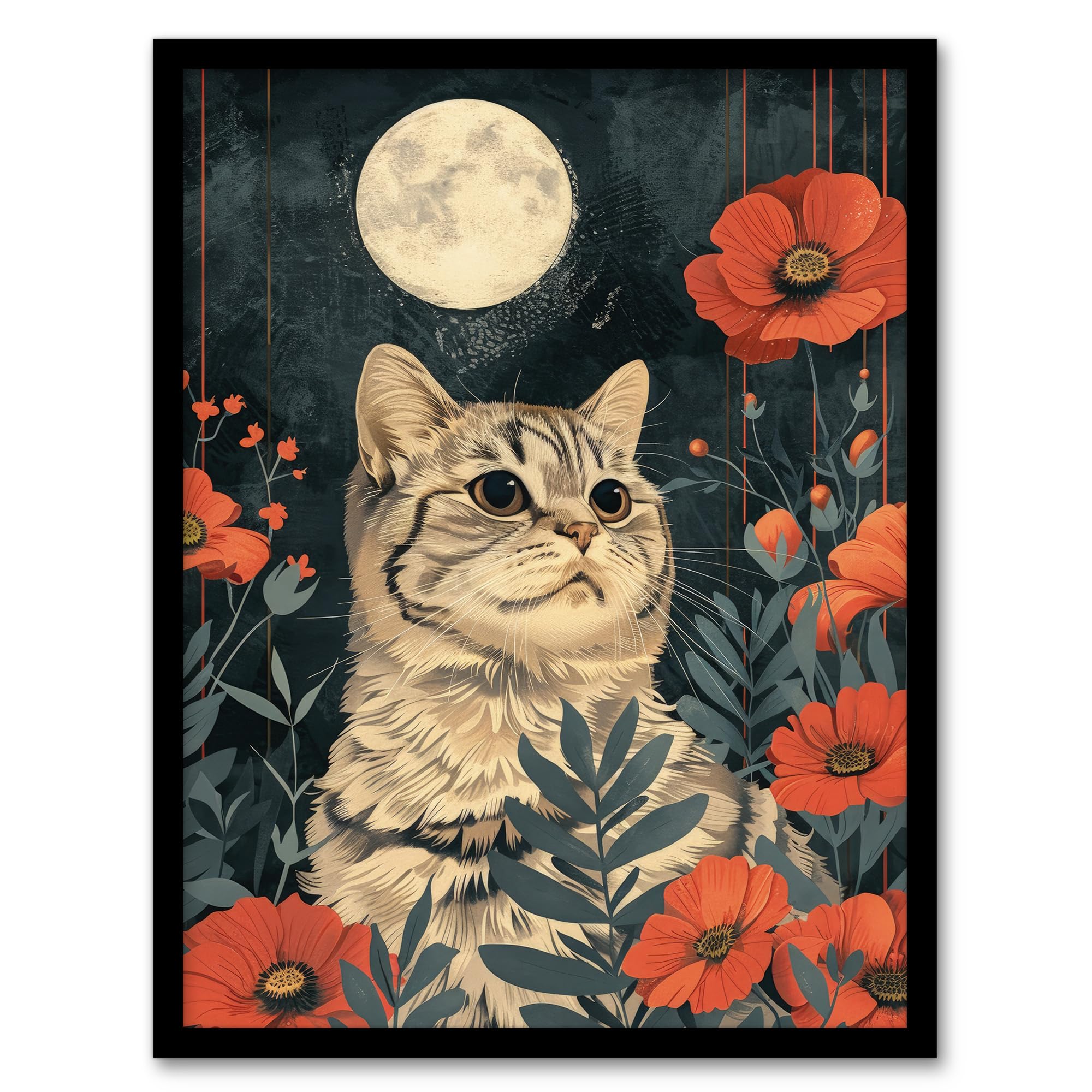 Artery8 Kitten in Poppies by Moon Cat Lover Animal Nature For Living Room Artwork Framed Wall Art Print 18X24 Inch