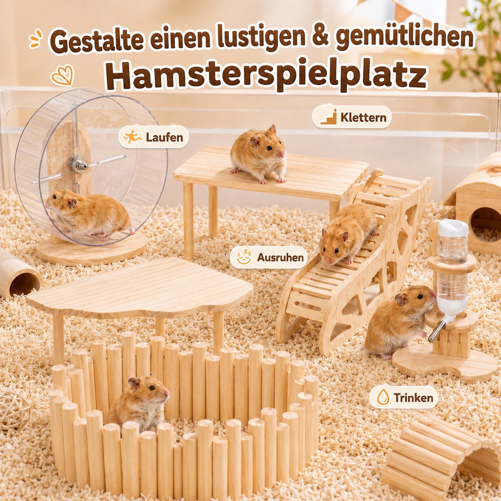 Juego de 6 accesorios para hámster de madera natural, parque infantil para hámster con rueda ajustable silenciosa, 2 plataformas, valla de madera, portabotellas y tumbona para hámsters dorados