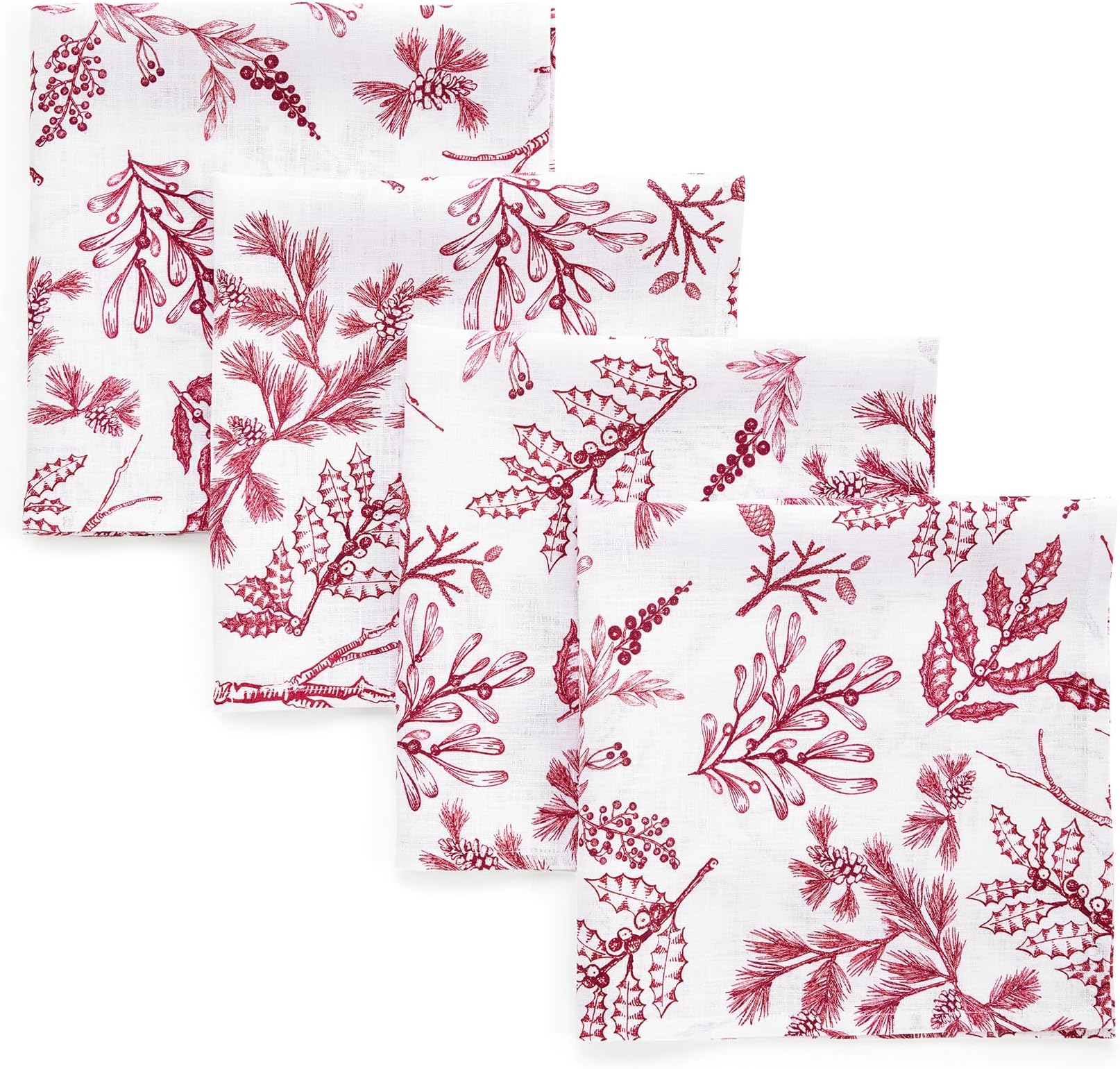 Solino Home 100% Pure Linen Christmas Cloth Napkins Set of 4 -Red/White Dinner Napkins 20 x 20 Inch - Handcrafted and Machine Washable - Winter Forest Print