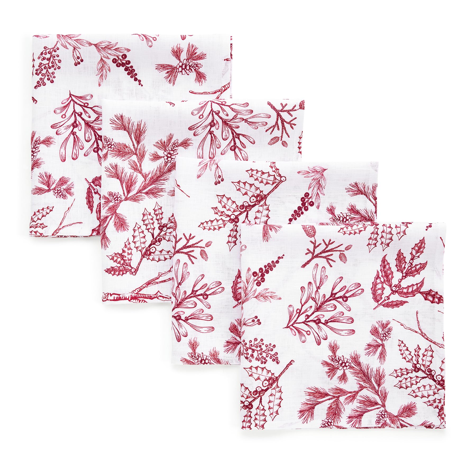 Solino Home 100% Pure Linen Christmas Cloth Napkins Set of 4 -Red/White Dinner Napkins 20 x 20 Inch - Handcrafted and Machine Washable - Winter Forest Print