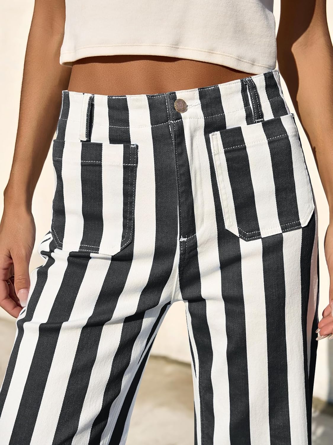 Tankaneo Womens Cropped Striped Jeans Casual High Waisted Stretchy Polka Dots Straight Leg Denim Pants with Pockets - Image 4