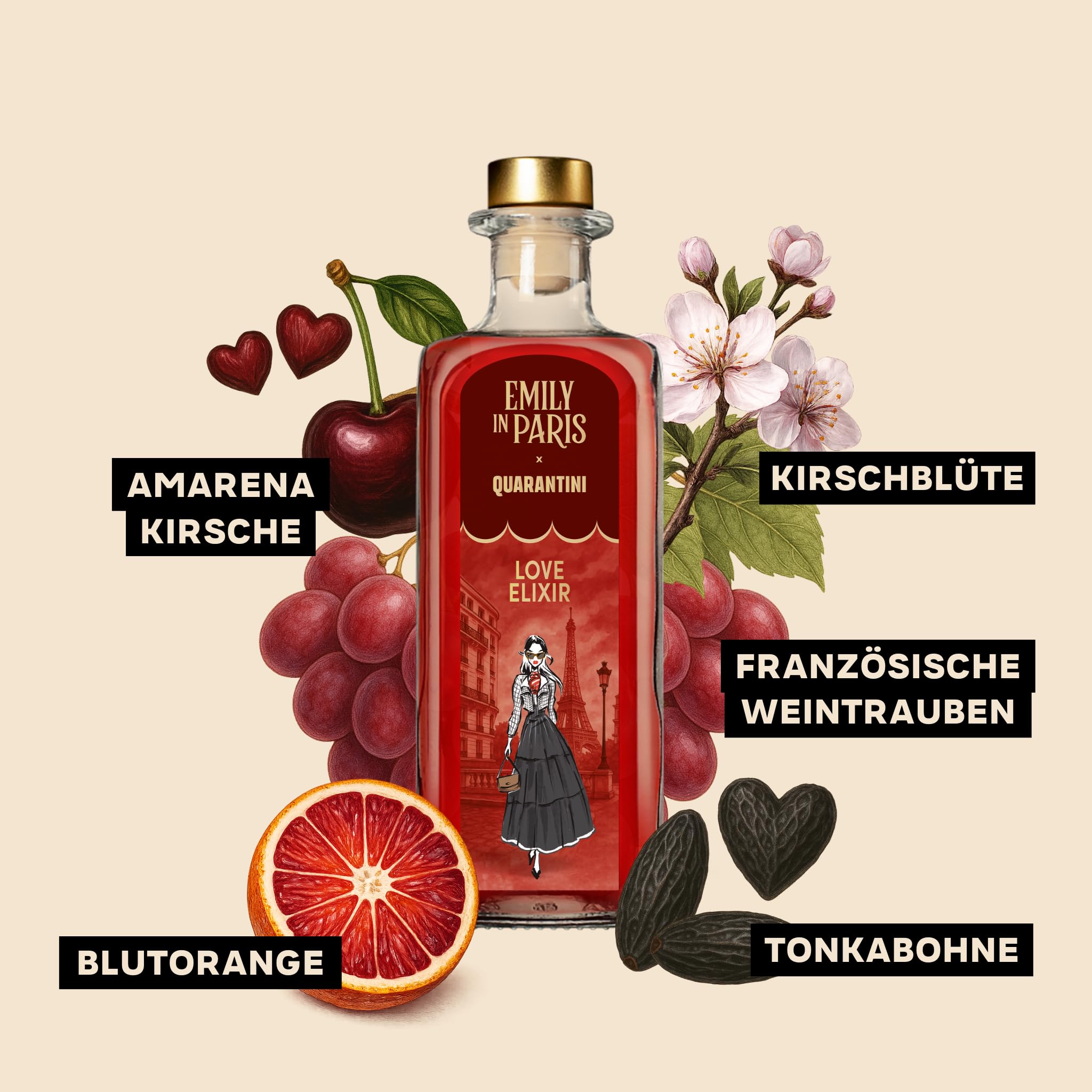 Quarantini Gin Emily in Paris Geschenkset | 500 ml Premium Gin Love Elixir 42% Vol. mit hochwertigen, fruchtigen Botanicals Amarena Kirsche, Roten Trauben, Tonka Bohne | Geschenkset inkl. Rezeptbuch