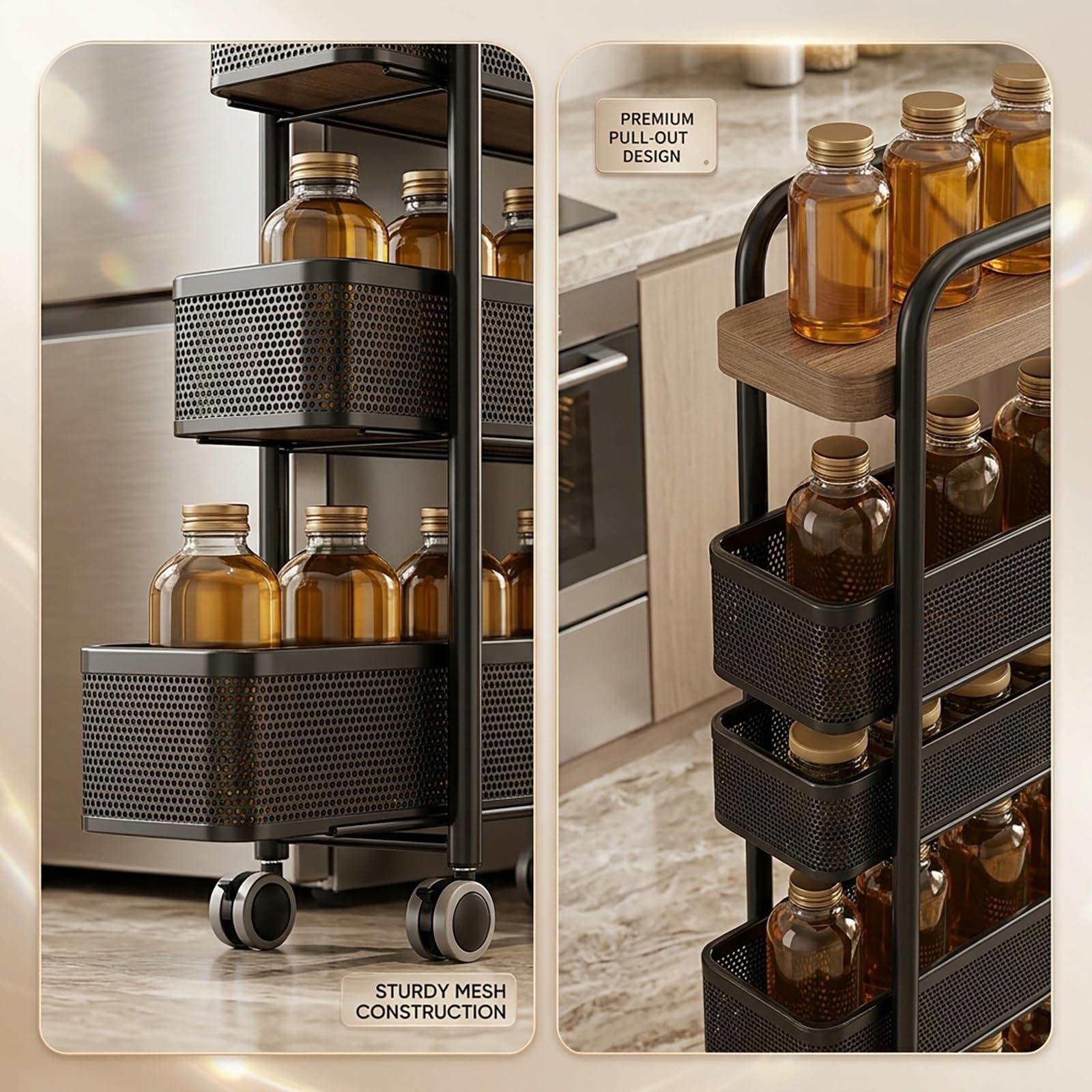 Carrito Estrecho con Ruedas, Organizador de Acero al Carbono para Cocina y Baño, Carro Auxiliar de Almacenaje Multiuso con Ruedas Bloqueables, Estantería Móvil(Wit,40x10x107cm)