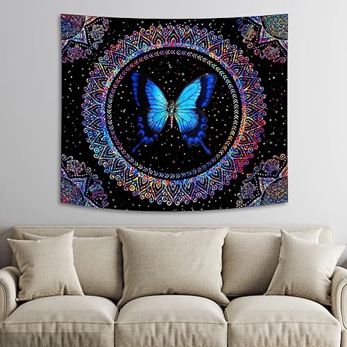 Vista 2 de Romantic Angels Tapiz de mariposa para dormitorio, estético, bohemio, mariposas azules y estrellas, tapiz para colgar en la pared, para sala