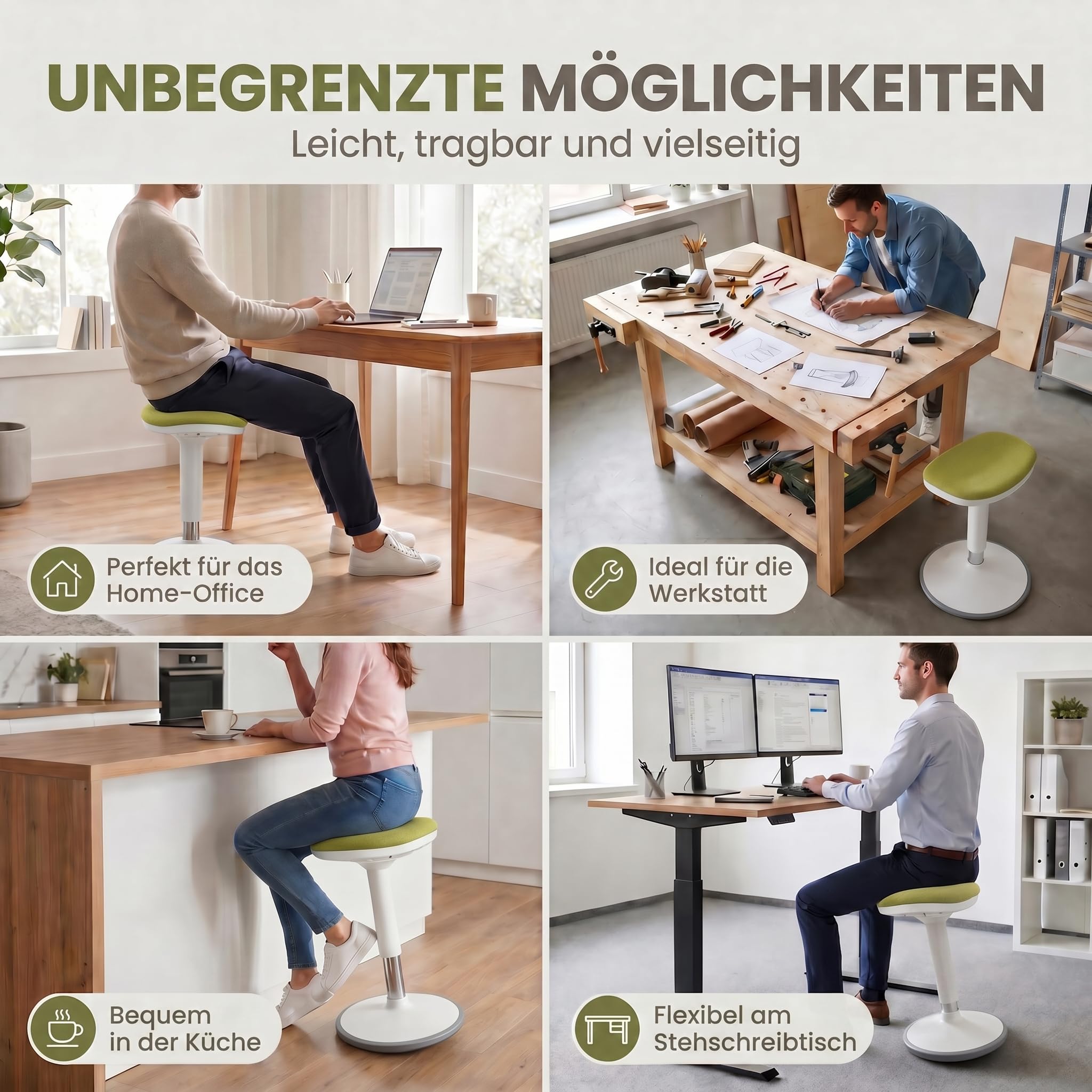 Ergonomischer Stehhocker höhenverstellbar in 3 Größen - Wackelhocker mit Schwingeffekt - Rutschfester Stehstuhl & Büro-Hocker für Schreibtisch & Homeoffice (Grün, S)