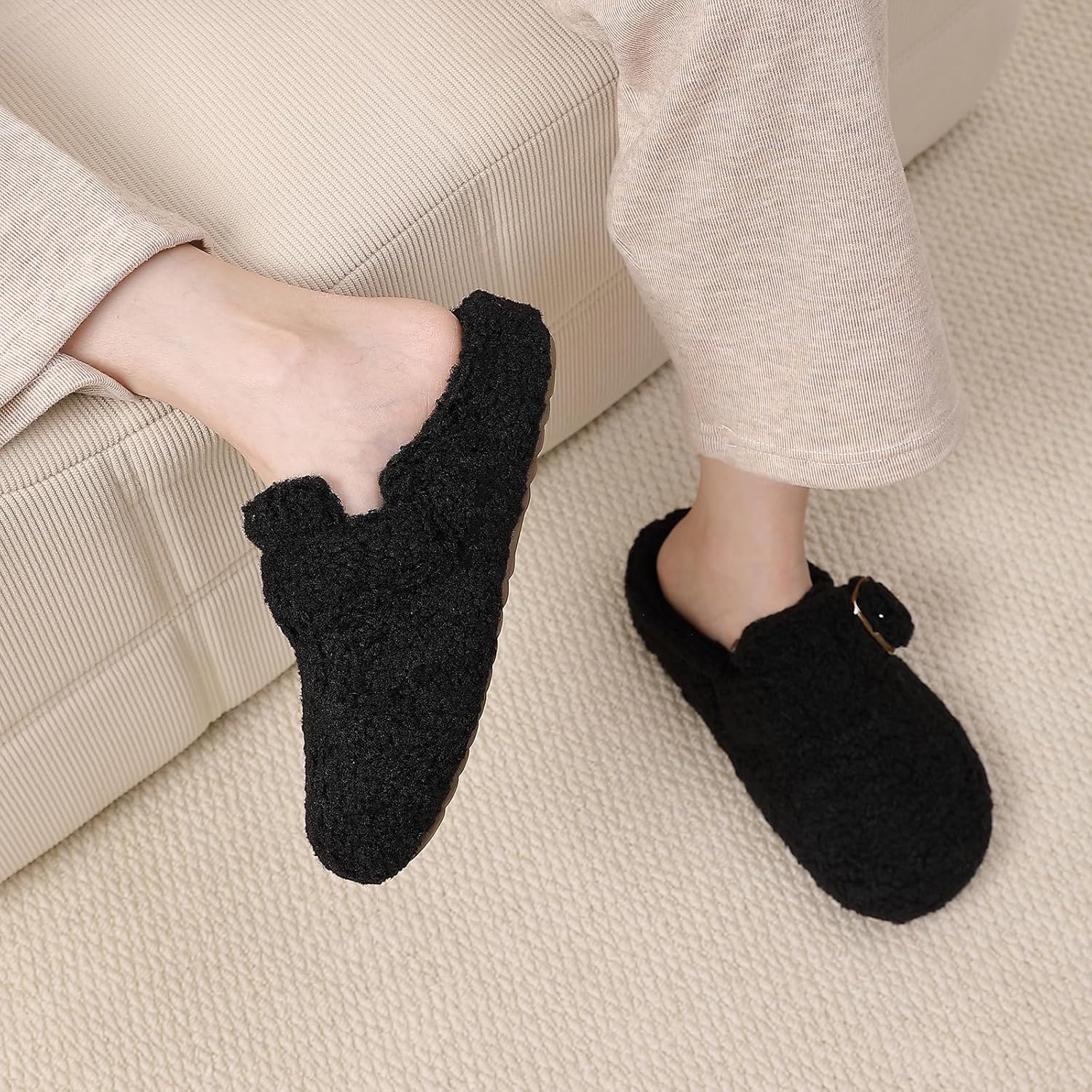 Women's Slip on Fuzzy Clogs with Adjustable Buckle Memory Foam Loafer Slippers with Polar Fleece Outdoor Warm Plush Slippers with Faux Fur Lining - Image 7