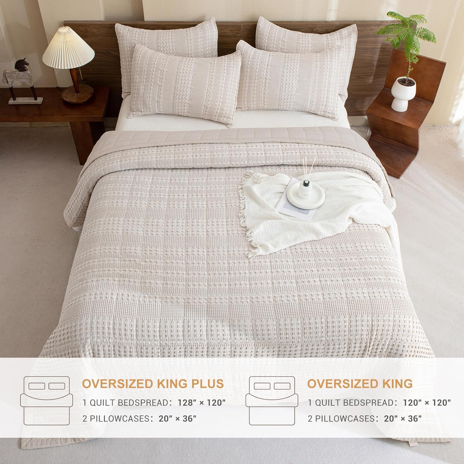 Sanracie Oversized King Quilt (120"x120"), Cotton Oatmeal Colored Waffle Weave Quilted Bedding Set Super Large Soft Bedspread 3Pcs Luxury Aesthetic Coverlet Set for All Season - Image 5