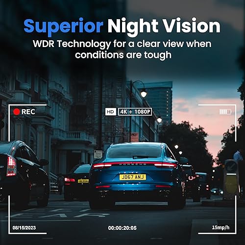 Miniatura 3 de Riedler Dashcam 4K + 1080p GPS frontal y trasero, aplicación y WiFi, cámara de tablero dual con visión nocturna de 140 FOV y modo de estacionamiento