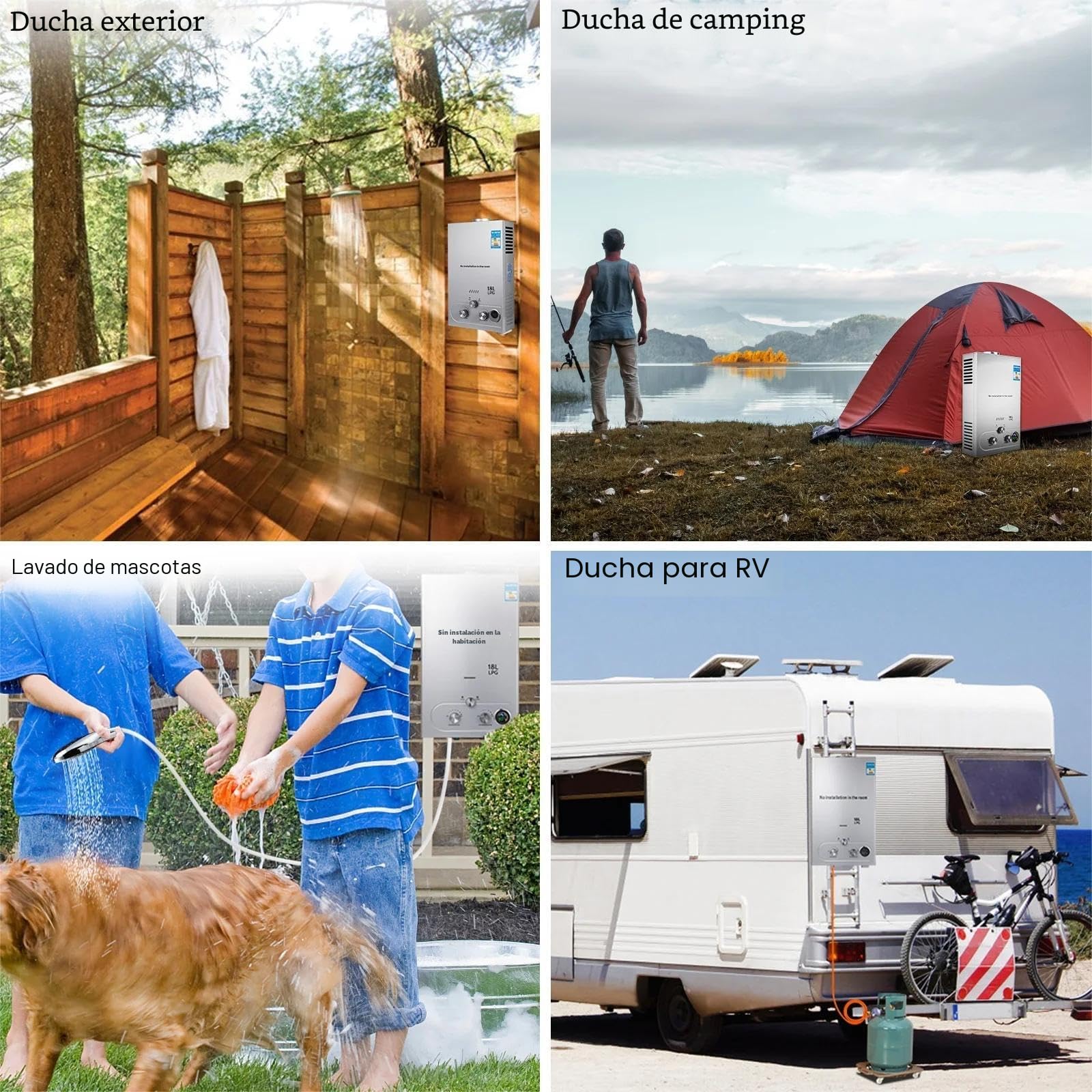 Calentador de agua de gas propano GPL 6L/8L, modo invierno-verano, calentador instantáneo sin depósito 16kw, kit ducha, quemador camping-RV-casa (6L)