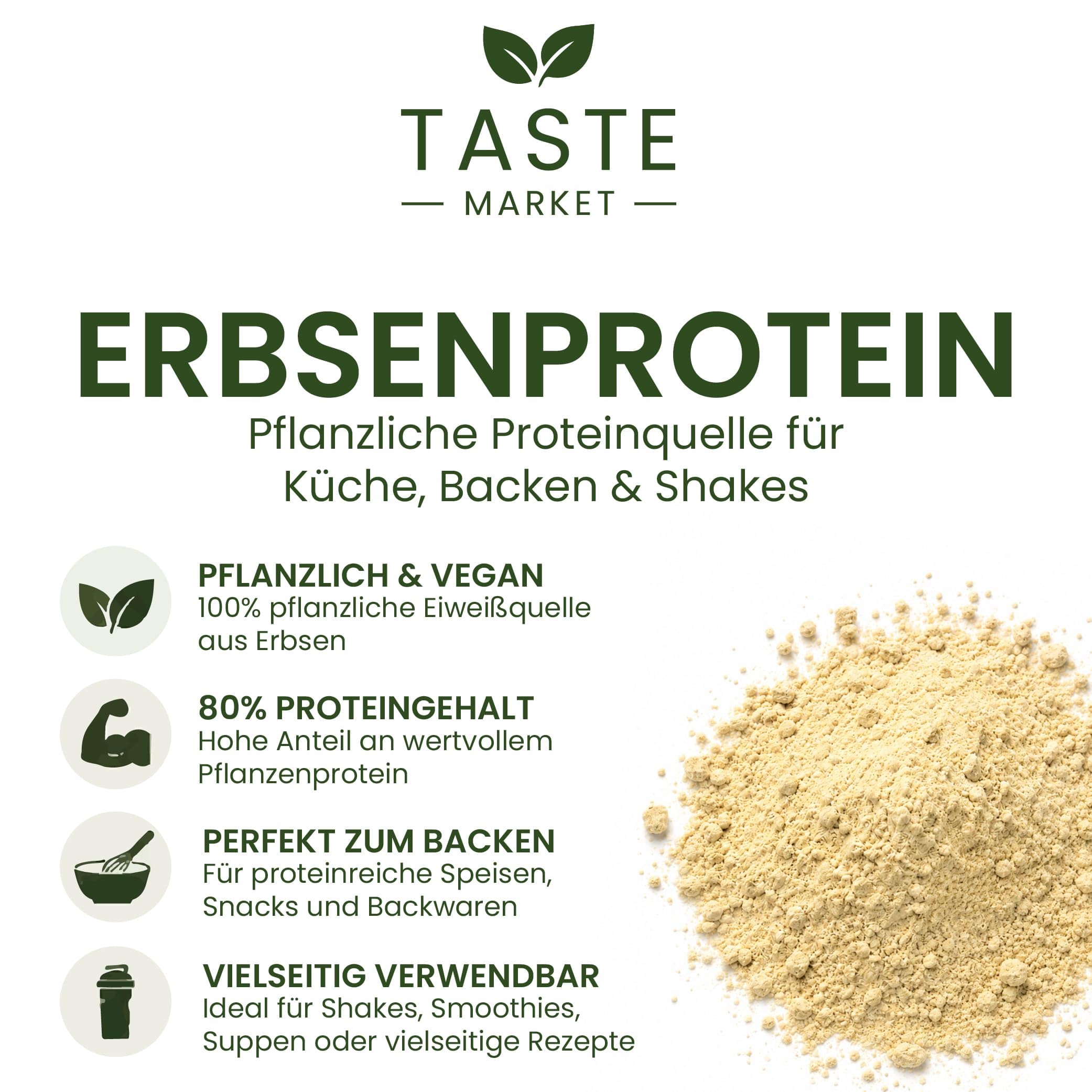 10 kg Erbsenprotein Pulver | 80% Proteingehalt | veganes Eiweißpulver | Erbsenprotein Isolat | Taste Market