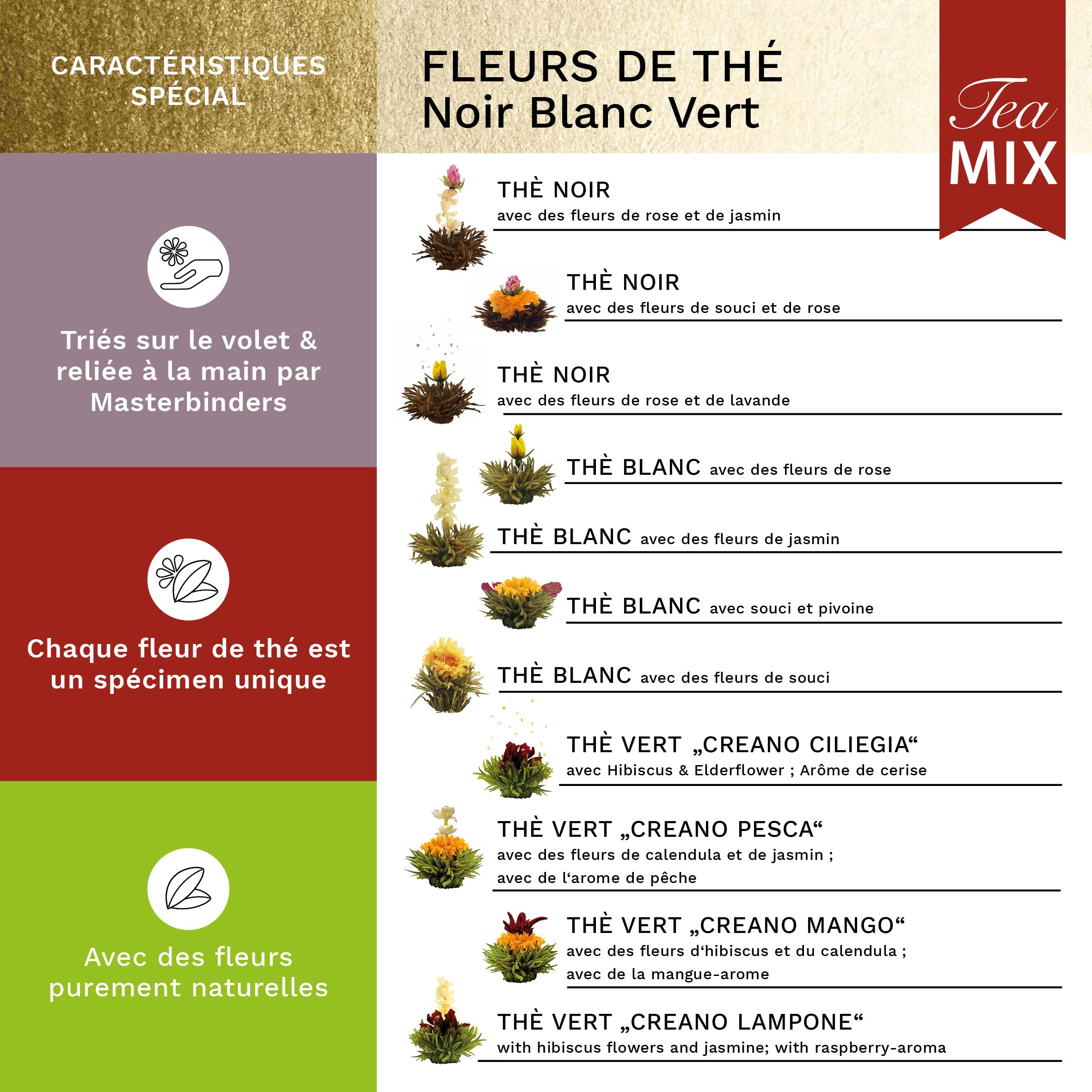 Creano Coffret Cadeau Fleurs de Thé Mix 12 pcs – Boîte en Bois avec 3 Thés (Blanc, Vert, Noir) – 11 Variétés différentes – Idée Cadeau Durable et Chic