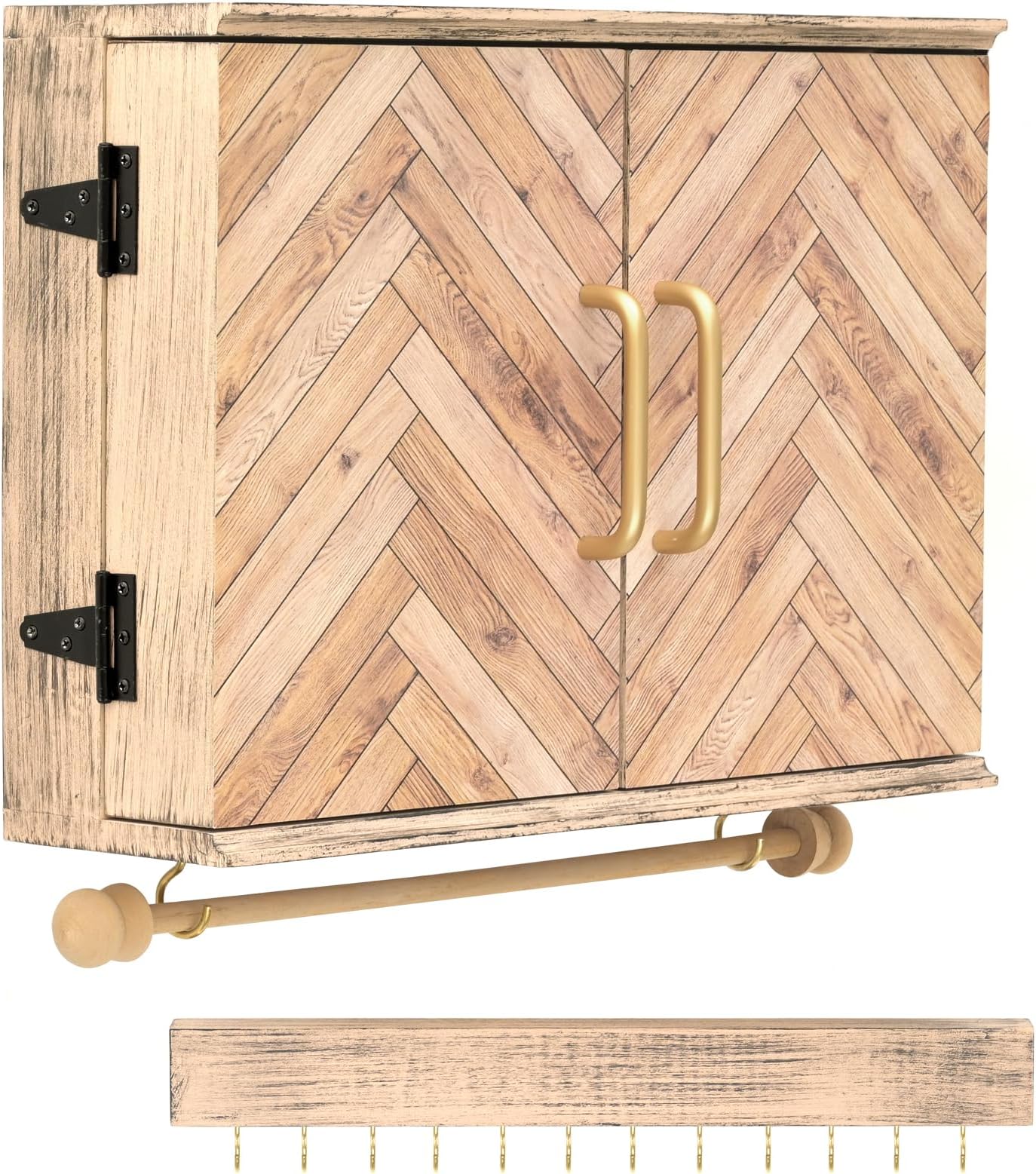 Wall Mounted Jewelry Organizer with Herringbone Wood Pattern. Jewelry holder for Necklaces, Earings, Bracelets, Ring Holder, and Accessories. Includes hooks for hanging jewelry - Brown