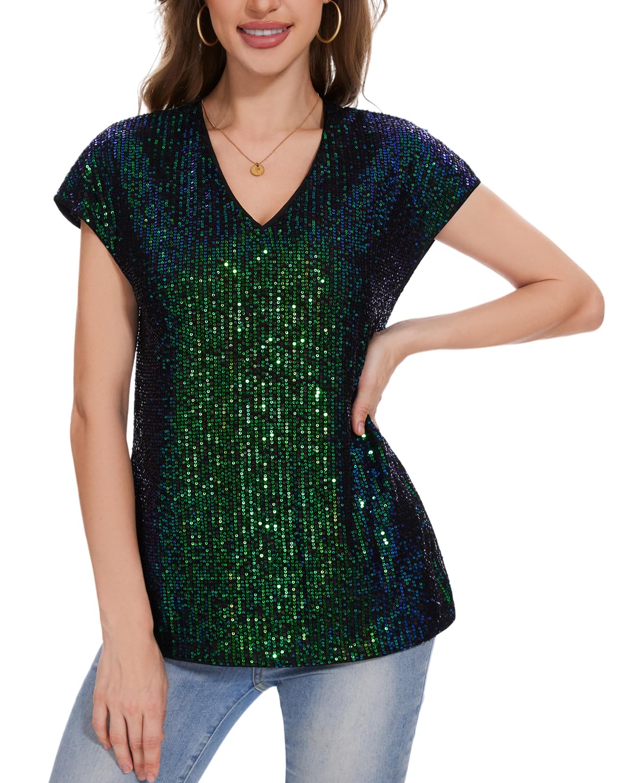 Blusa de lentejuelas brillantes para mujer, manga casquillo, cuello en V, blusa tipo túnica con lentejuelas con purpurina, holgada, casual, fiesta