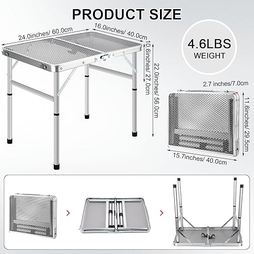 Miniatura 3 de 2 piezas de mesa de camping para parrilla, mesa plegable de picnic al aire libre, aleación de aluminio, pies antideslizantes, mesa de campamento