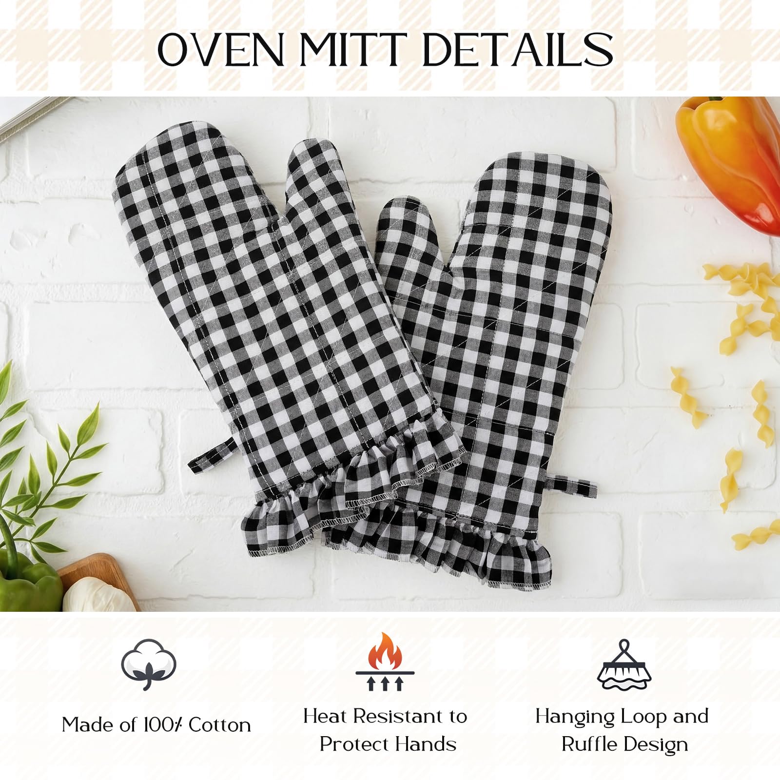 Twistover Juego de 2 guantes de horno a cuadros, guantes de cocina de algodón de 13.5 x 6.5 pulgadas, resistentes al calor, con ribete de volantes, guantes de cocina antideslizantes para cocina