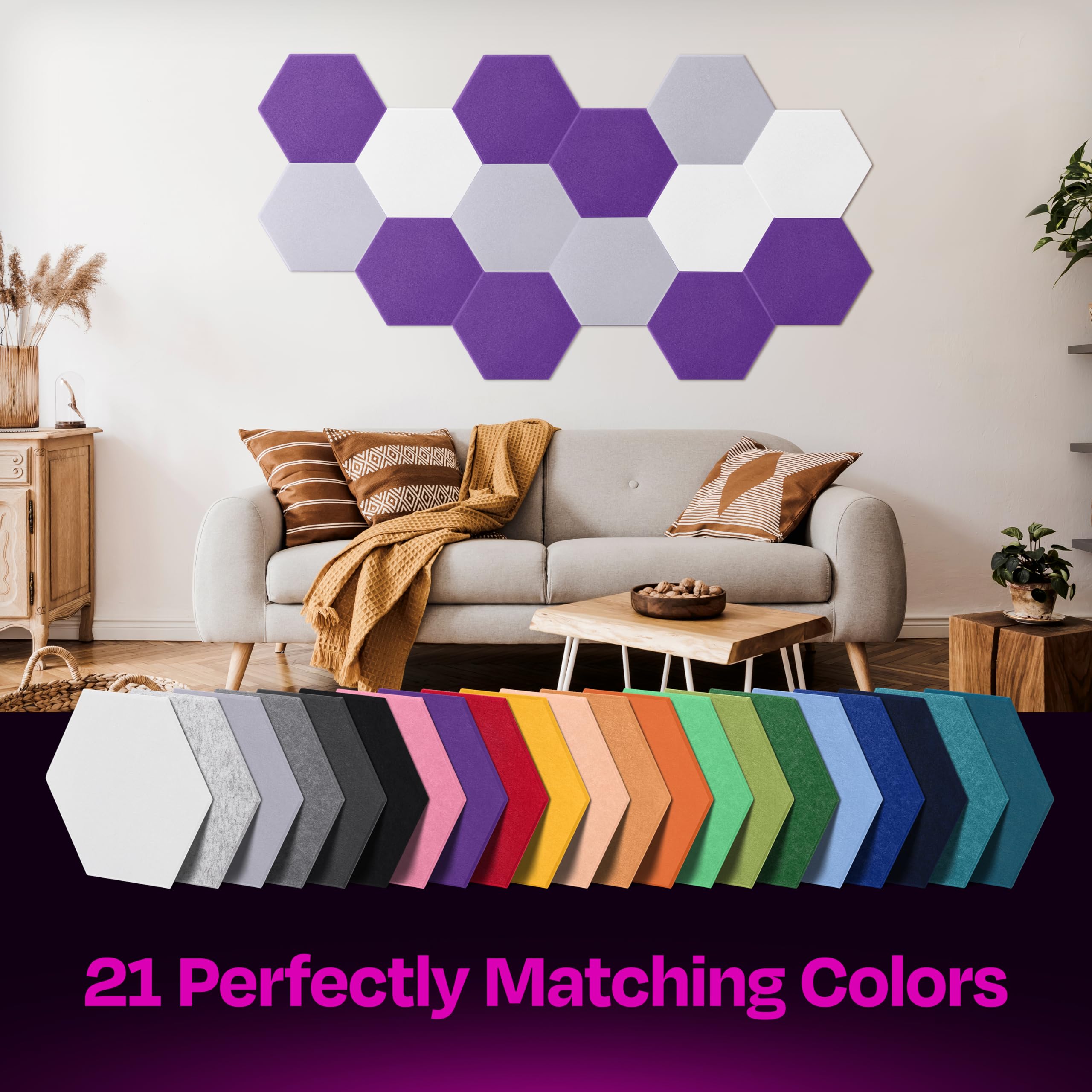 Paneles acústicos Paquete de 12 paneles de pared insonorizados de 14 x 13 x 0.4 pulgadas, paneles de sonido de alta densidad para amortiguación de sonido, [Hexágono morado medianoche]