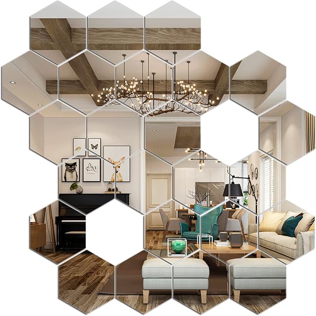 20*17*10 cm 24 Pcs Hexagon Mirror Wall Stickers, Acrylic Plastic Mirror Tiles Art Mirror DIY Mirror Sheet Mirror Setting Wall Sticker Decal Murals for Home Office Bedroom TV Background Gym Decor