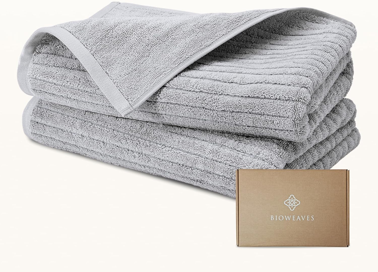 BIOWEAVES 100% Organic Cotton 700 GSM Luxury Ribbed Bath Towel Set for Bathroom 30" x 58" GOTS Certified - Lunar Rock, Pack of 2