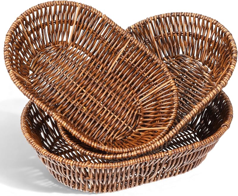 3 Pack Wicker Baskets, Woven Bread Baskets Sets Oval Food Serving | Basket Trays Tabletop Food Vegetable Basket for Serving Display Storage Kitchen Restaurant Market Showcase(11", 10.5", 9.6")