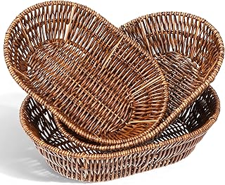 3 Pack Wicker Baskets, Woven Bread Baskets Sets Oval Food Serving Basket Trays Tabletop