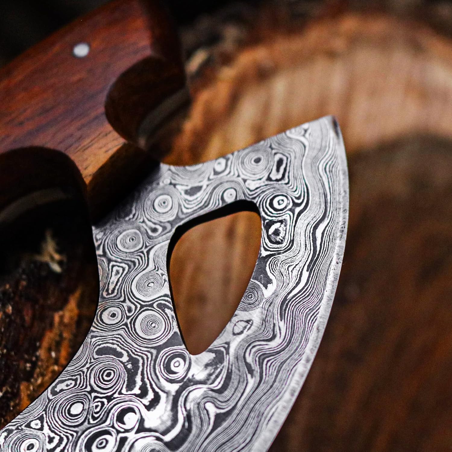 Knives - Alaskan Ulu - Mezzaluna Ulu Knife - Pizza Cutter Ulu - Traditional Ulu - Handmade Damascus Steel - Stabilized Handle - Ulu Knife - Vegetable Chopping Ulu