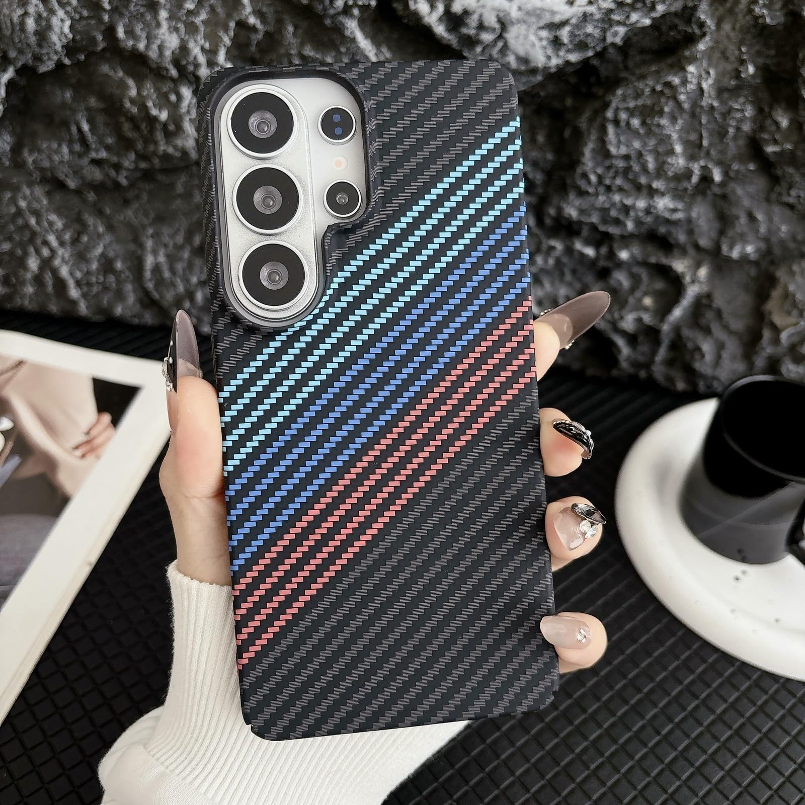Coque Samsung A15 carbone rigide noir bleu antichoc - 4