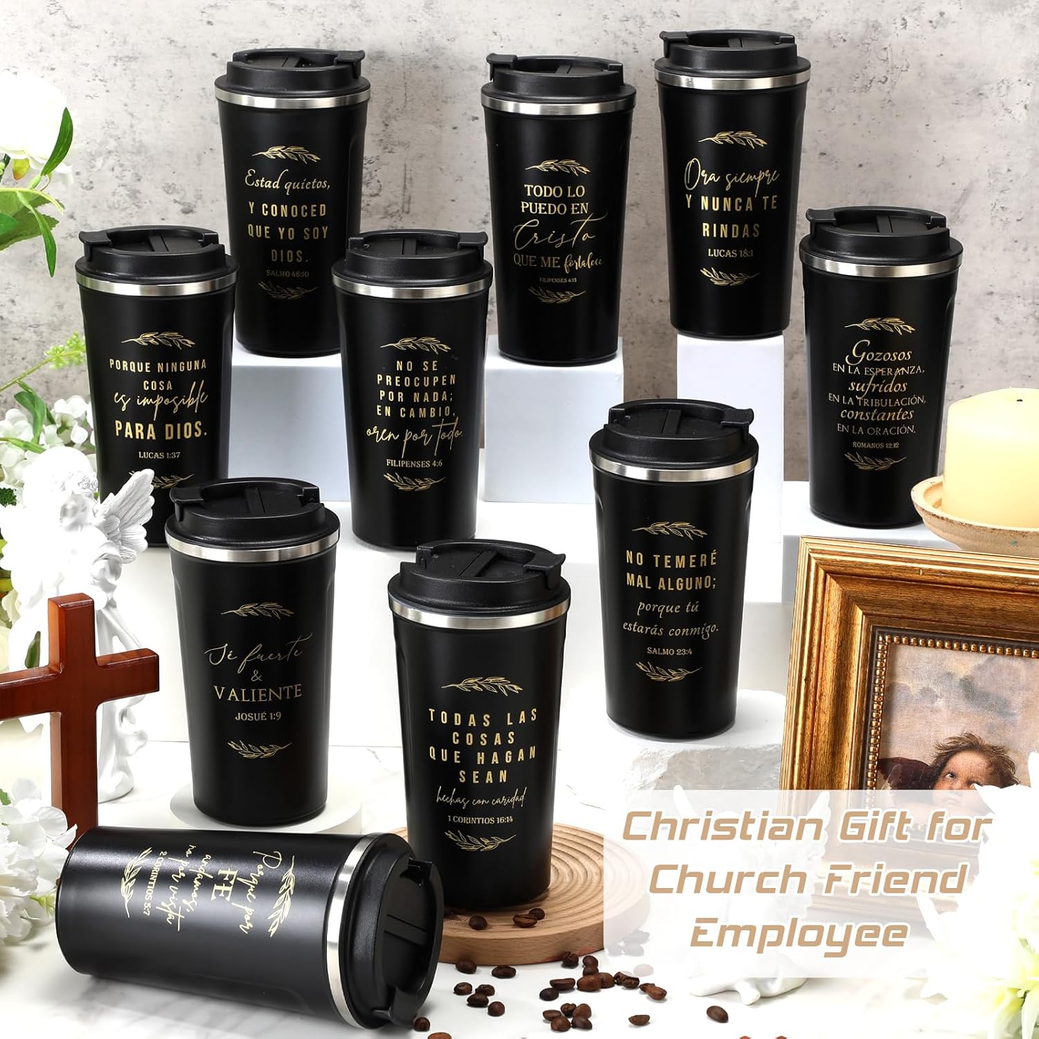 Meanplan 10 Sets Easter Spanish Christian Gifts Bulk Bible Verse Tumbler for Men Women Regalos Cristianos Para Mujer Stainless Steel Christian Mugs 17oz Coffee Cup Religious Church Gifts(Black) - Image 5