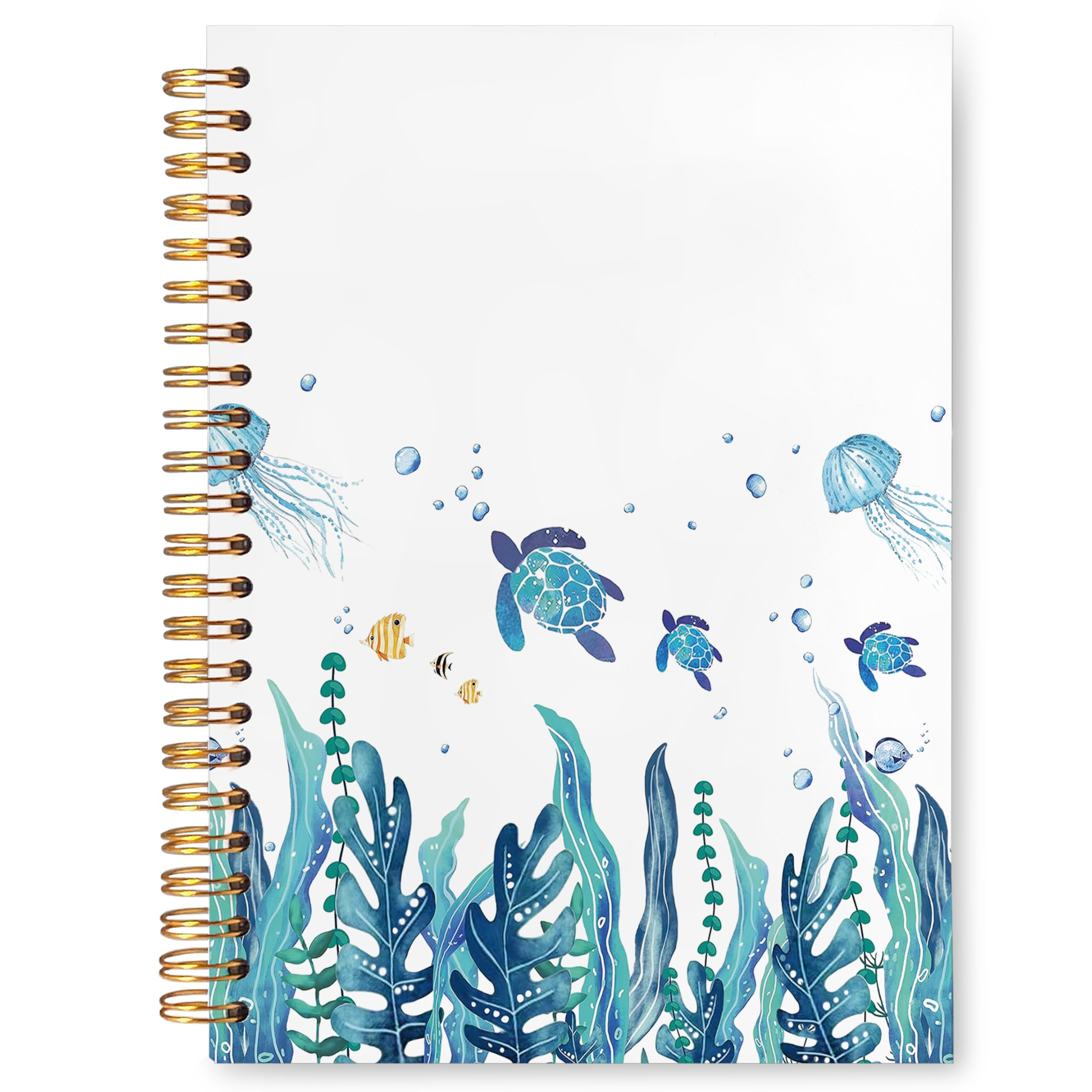 Cuaderno de playa costera, tortugas marinas, medusas bajo el mar, diario para tomar notas, cuaderno en espiral de tapa dura con animales del océano, 5.5 x 8.3 pulgadas