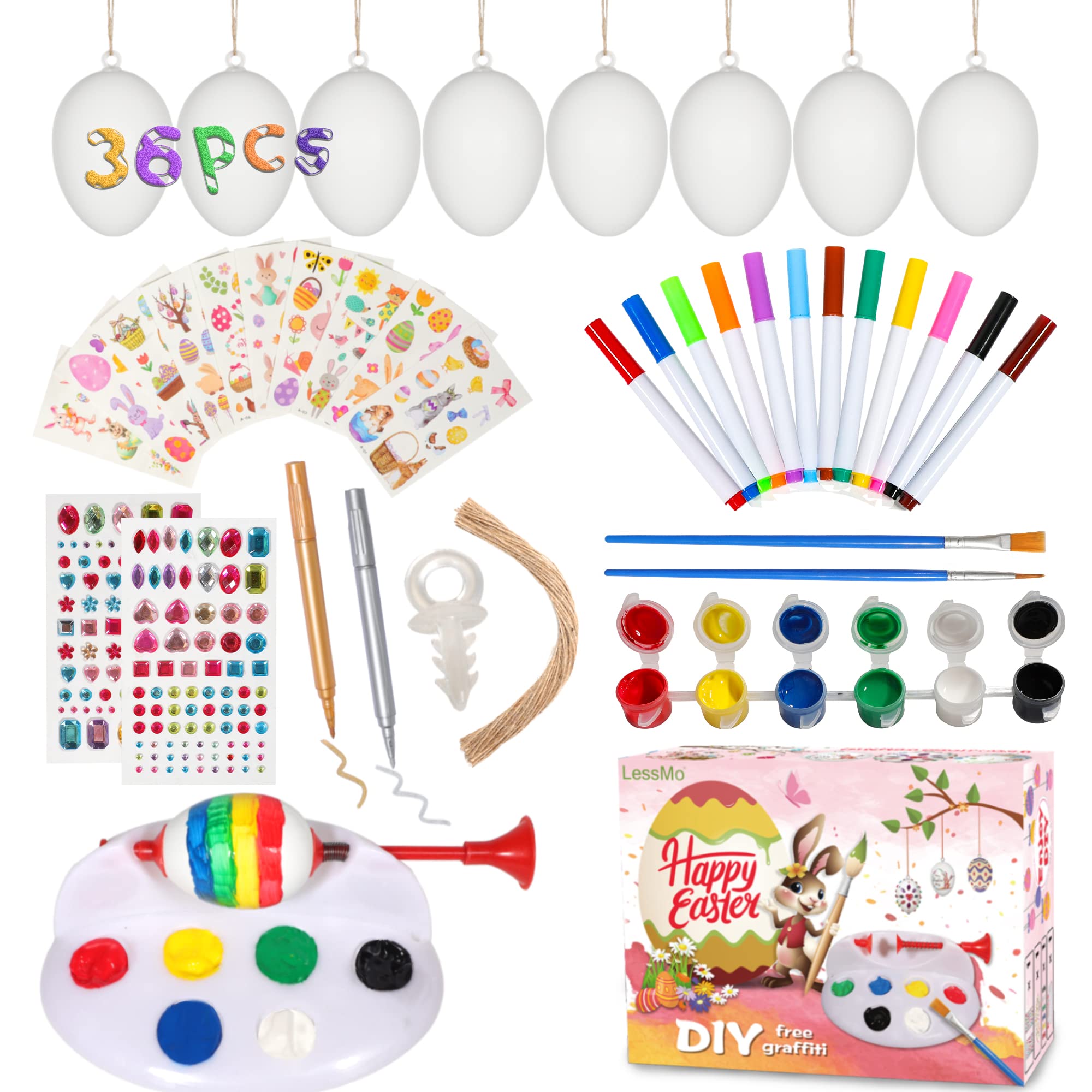 LessMo Ostereier zum Bemalen, 36 Pcs Osterei-Anhänger aus Kunststoff, DIY Handbemalte Dekorative Eier-Bastelverzierungen, mit Einem Eiermaler, Einer 6-Farbigen Acrylfarbe, für die Osterdekoration