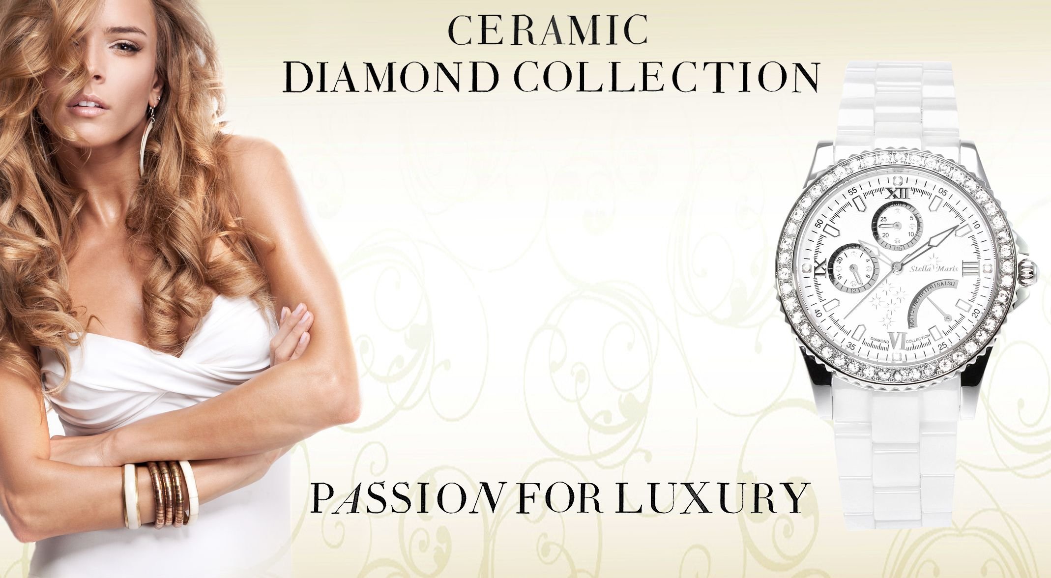 Stella Maris Damen Armbanduhr Analog Quarz Uhr Stilvolle Elegante Damenuhr Frauenuhr Weiß Silber Premium Keramik Armband Diamanten Swarovski STM15N1