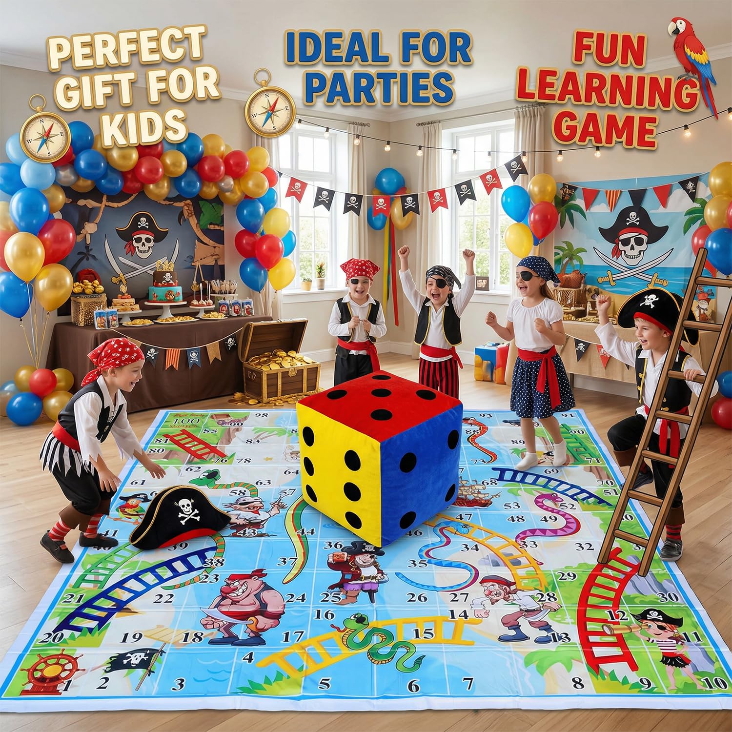 Atpata Funky Kid 100 Blocks 10x10 Feet Giant Outdoor Snakes & Ladders Lifesize Floor Game Mat with Jumbo Dice (Pirate Theme), Multicolor 3