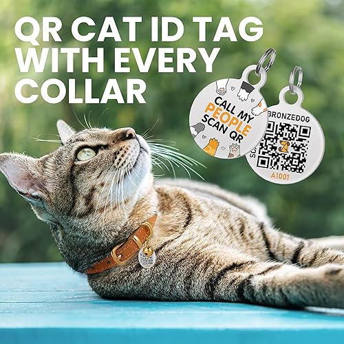 Miniatura 3 de BRONZEDOG Collar de cuero para gato con campanas extraíbles sin liberación rápida, etiqueta QR para gatito para niña y niño (7" - 9" para gatos,