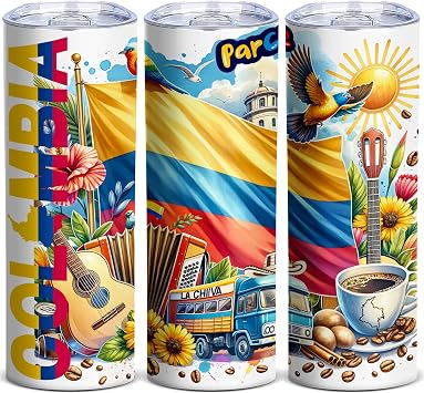 Colombia Skinny Tumbler, 20oz La Chiva Bus and Coffee Culture Travel Mug, Insulated Stainless Steel Cup with Lid, Gift for Colombian Coffee Lovers