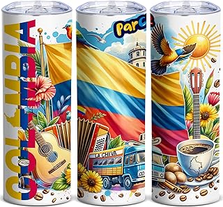 Colombia Skinny Tumbler, 20oz La Chiva Bus and Coffee Culture Travel Mug, Insulated Stainless Steel Cup with Lid, Gift for Colombian Coffee Lovers