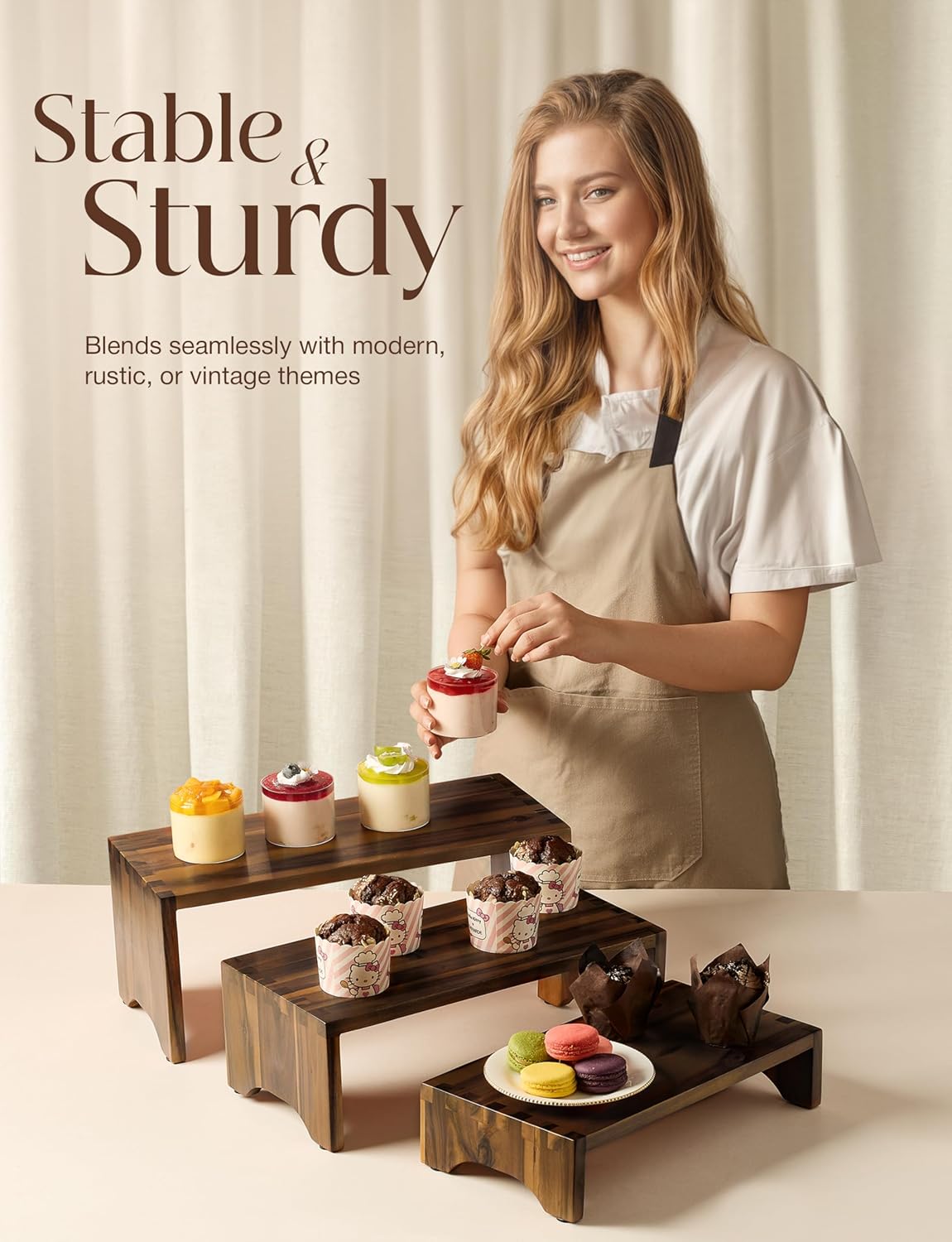 Acacia Wooden 3 Tier Cupcake Stand - Risers for Display for Food Buffet Risers and Stands – Food Stands for Display Party – Acacia Wooden Cupcake Stand - Set of 3 Size (Walnut Color) - Image 6