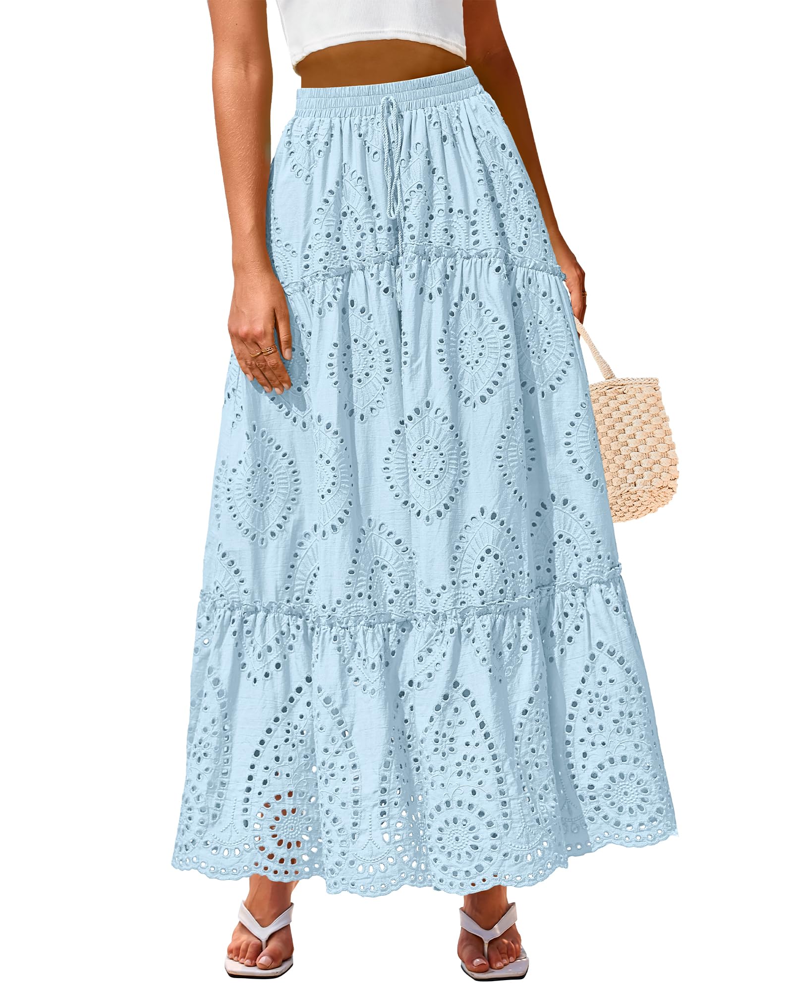 BTFBM Boho Long Skirts for Women Spring Summer 2026 Lace Embroidery High Waist Flowy Tiered Maxi Skirt Beach Vacation