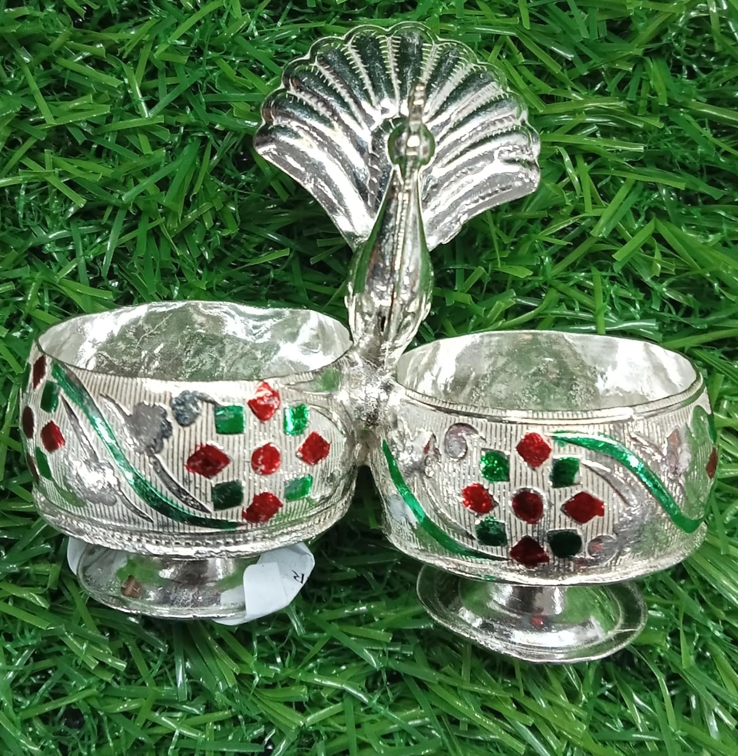 G K EXCLUSIVE™ Beautiful Latest German Silver Meenakari Peacock Haldi Kumkum Stand Holder for Poja/Gifts (Silver, 3 inches)-image-33