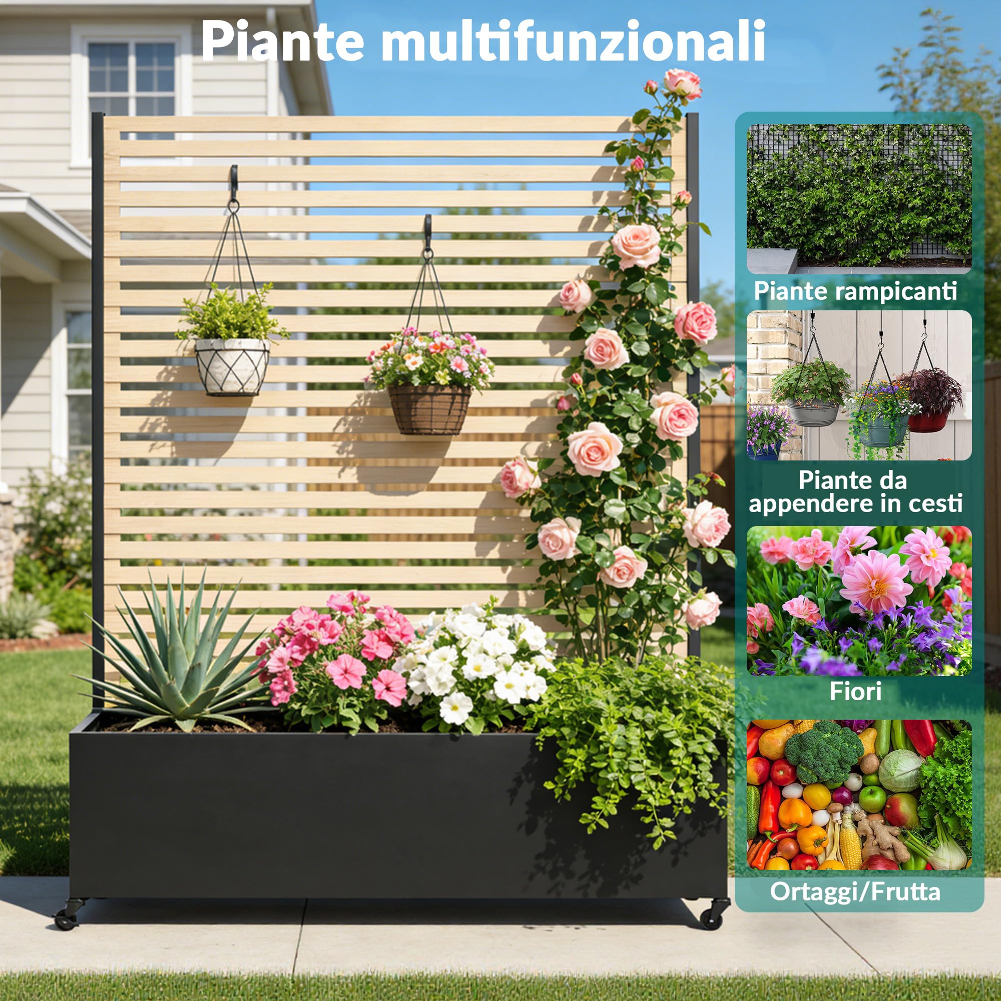 Fioriera da esterno in metallo con traliccio, aiuola rialzata in metallo con ruote, fioriera da esterno indipendente con schermo per la privacy, per fiori, verdure in giardino, patio, balcone