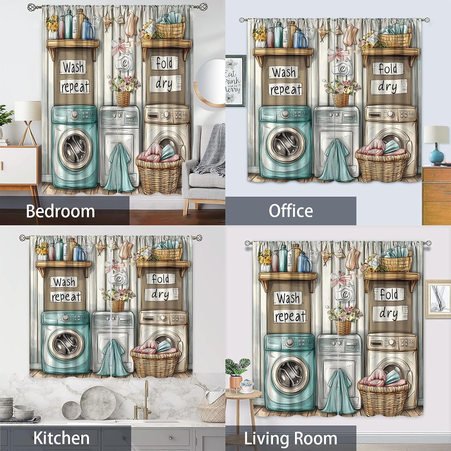 Laundry Room Bedroom Theme Decor Rod Pocket Curtain,2 Panels Set Portable Painting Art Dry Wash Fold Repeat Farmhouse Blackout Curtain Thermal Insulated for Living Dining Room Kitchen,42 x 63 Inch image 3