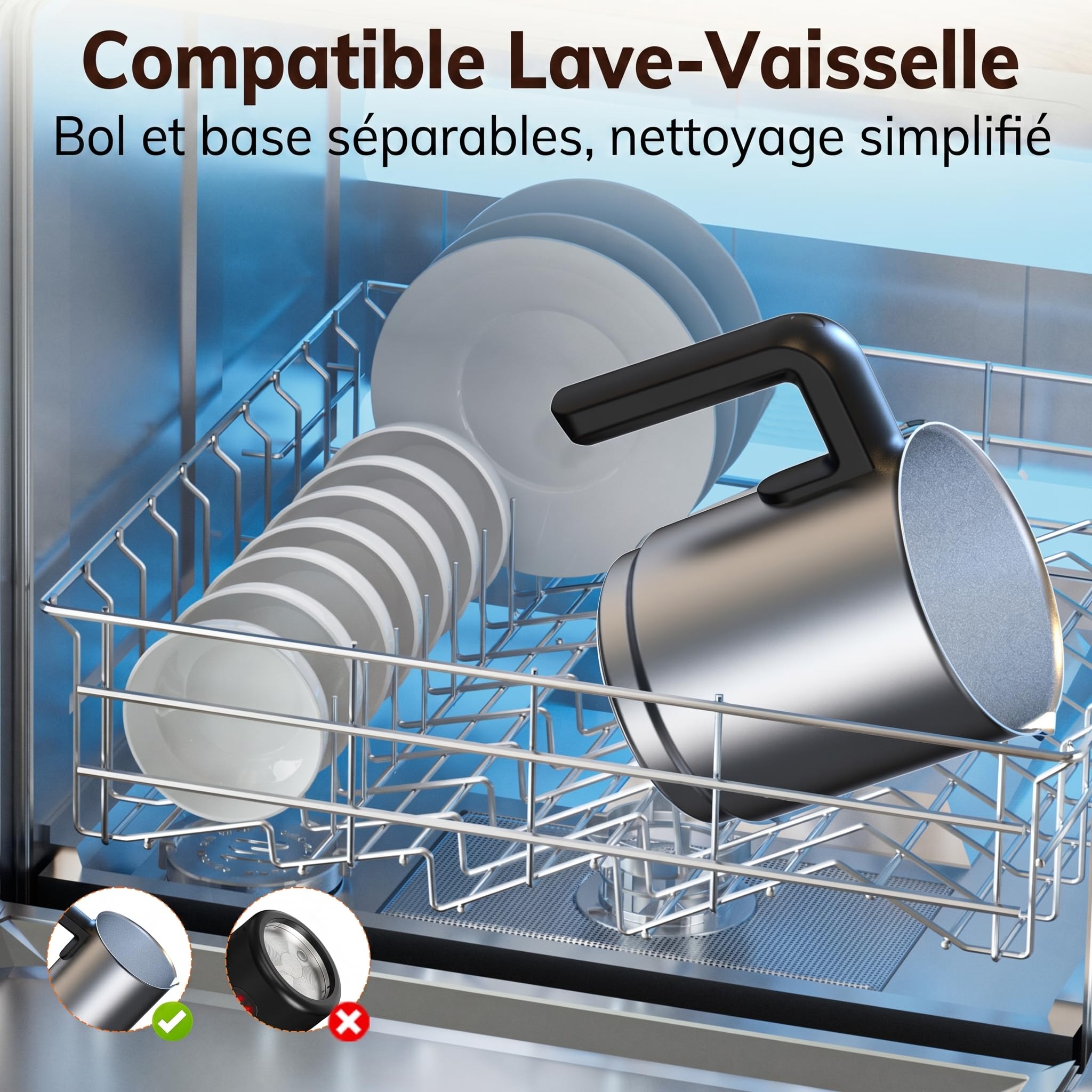 Morpilot Mousseur à Lait Électrique 6 en 1, 500ml 600W à Mousse Chaude Froide, Cacao, Lave-vaisselle Emulsionneur de Lait Divisé en Acier Inoxydable pour Cappuccino Macchiato Latte