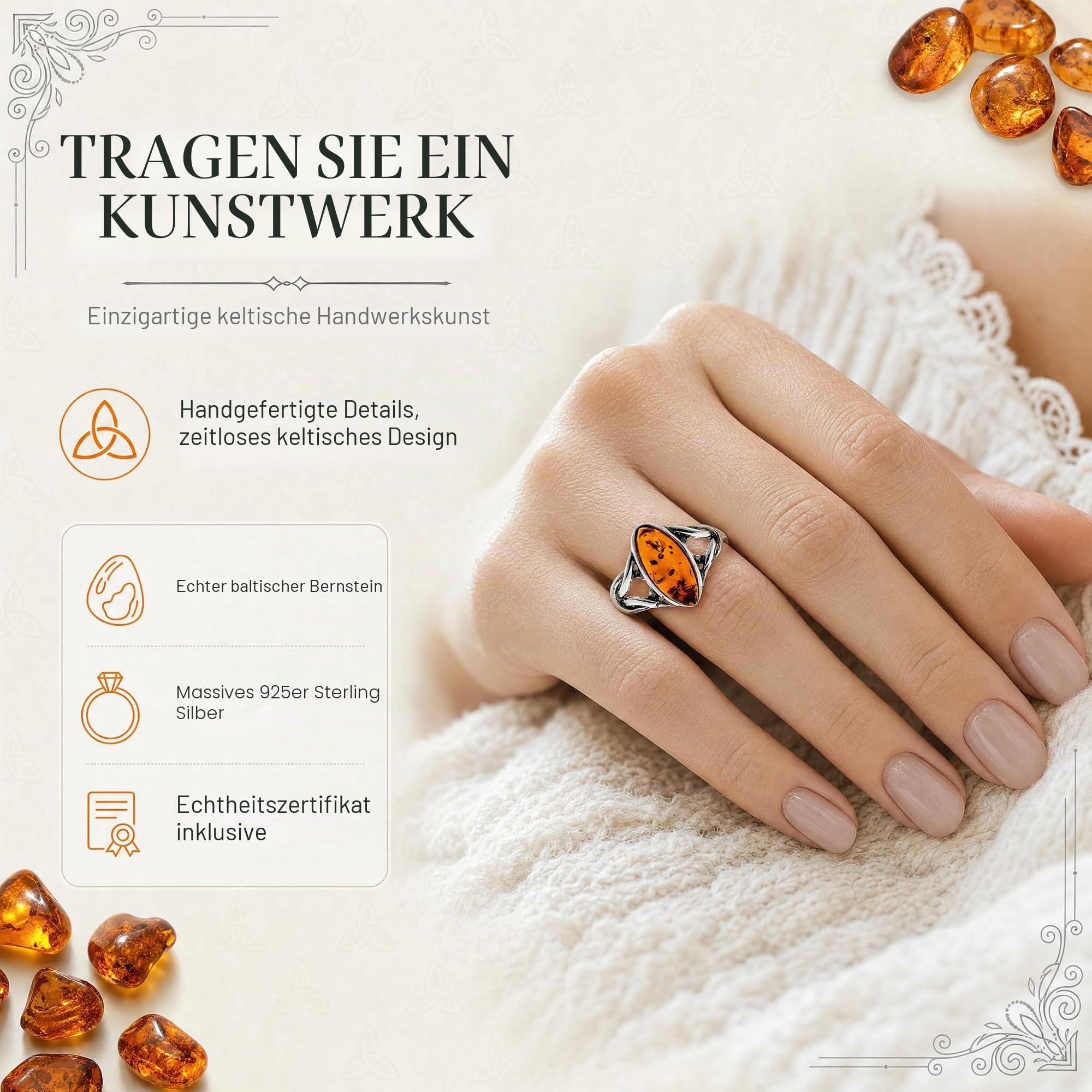 SilverAmber Jewellery - 925 Sterling Silber & Echter Baltischer Bernstein Keltischer Ring 7503