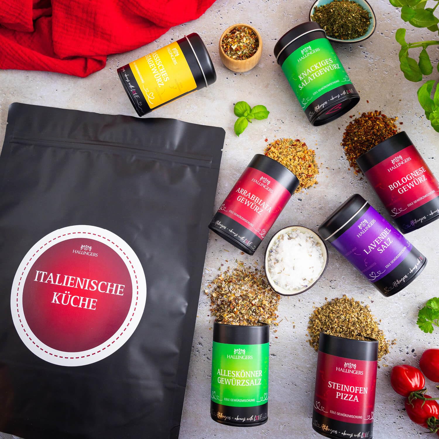 Hallingers Genuss Manufaktur Gewürz Geschenk-Set - Selektion unserer Besteller als Probierset in edlen Aromadosen & Tragetasche "Italienische Küche", Geschenkidee für Frauen Männer