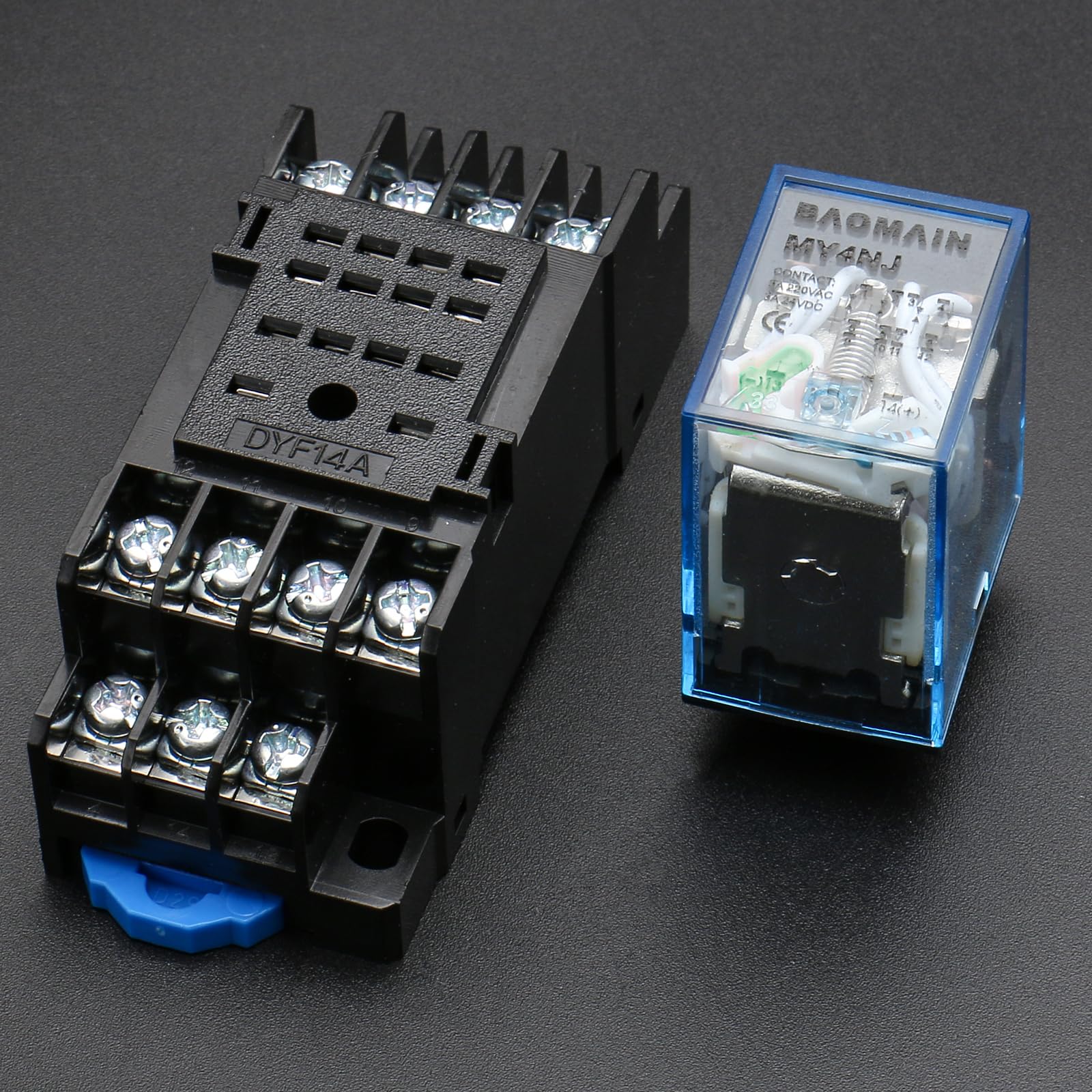 Baomain General Purpose Power Relay MY4NJ DC 24V Coil LED Indicator 14 pin Terminal with DIN Rail PYF14A Socket Base
