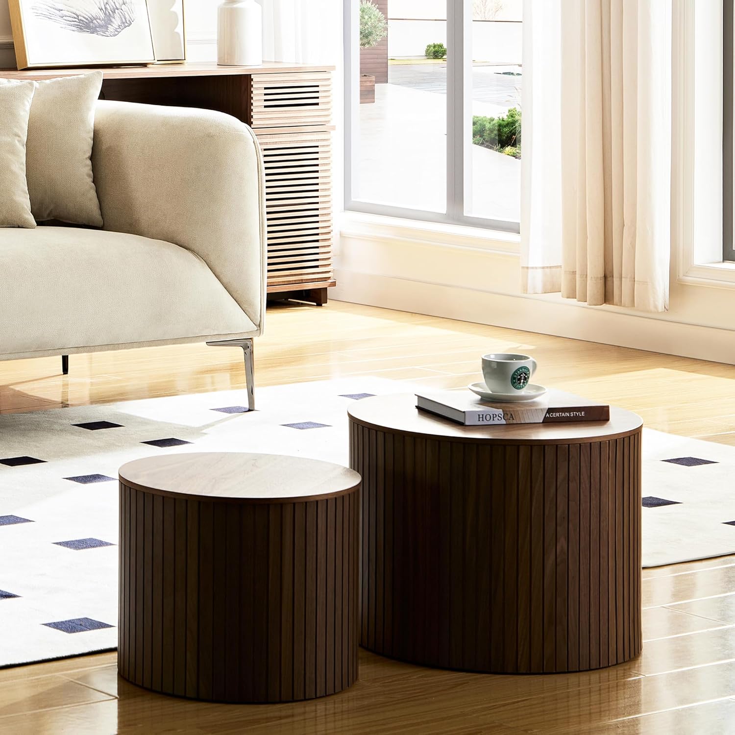 Round Coffee Tables with Storage Space, Set of 2 Modern Wooden Side Tables Accent Table End Table Flutted Nesting Table for Living Room Small Apartment, Walnut
